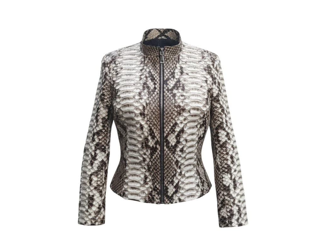 Women’s gray python-skin biker jacket with stand collar and center zip