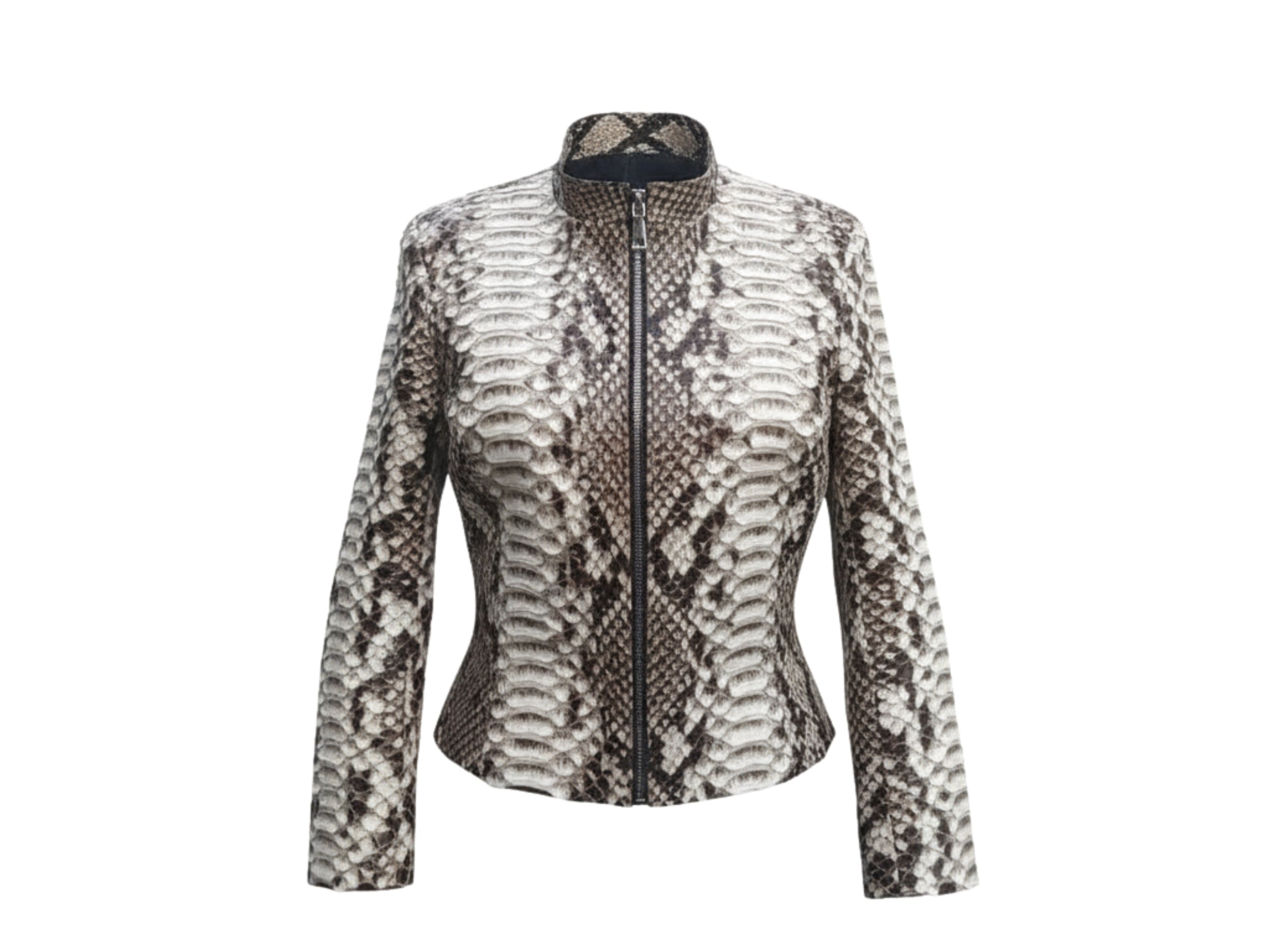 Women’s gray python-skin biker jacket with stand collar and center zip