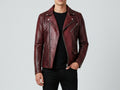 Burgundy python snakeskin leather biker jacket, zip pockets and small shoulder epaulets