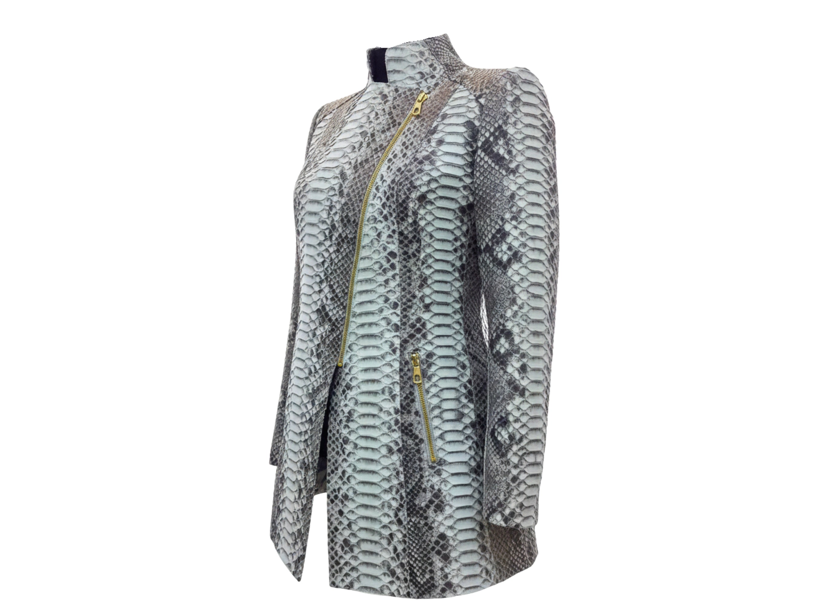 Gray python snakeskin jacket with asymmetrical zip, stand collar, long sleeves