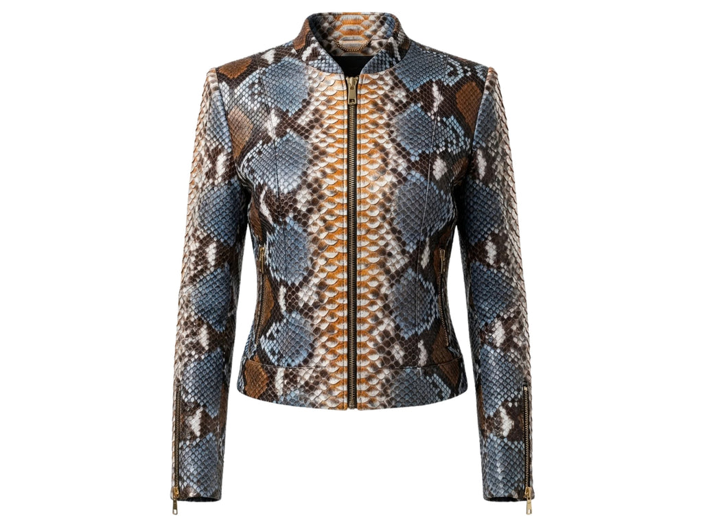 Blue and brown snakeskin leather moto jacket with stand collar and full front zipper.