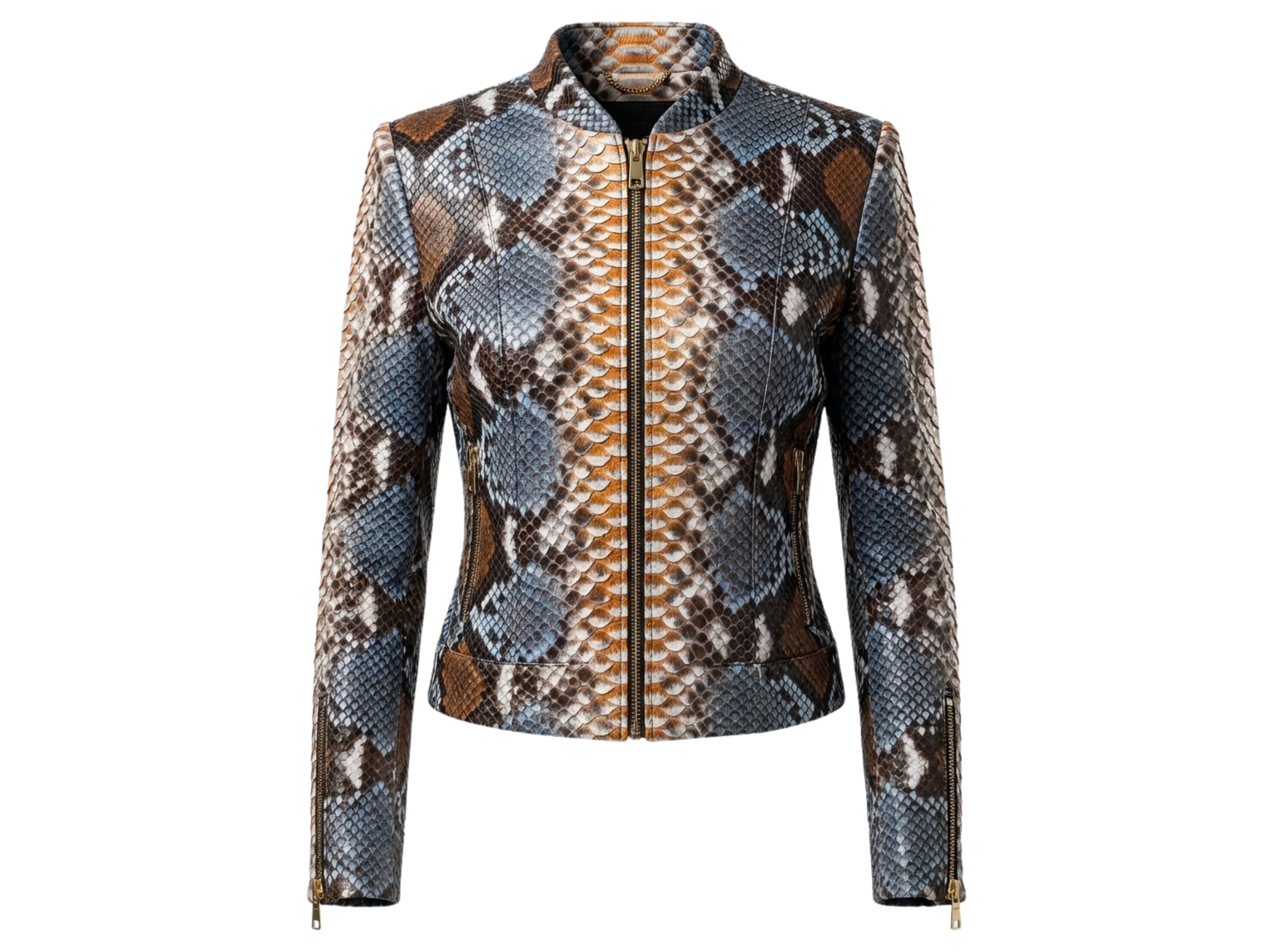 Blue and brown snakeskin leather moto jacket with stand collar and full front zipper.