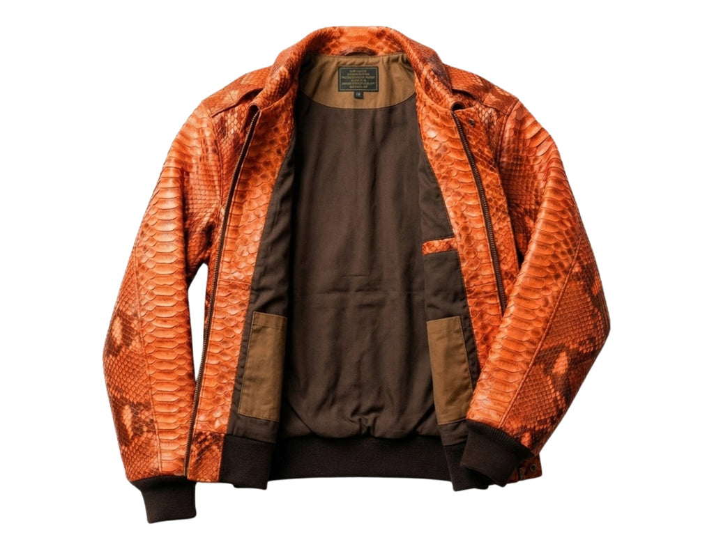 Men's orange python snakeskin bomber jacket with dark lining and open collar