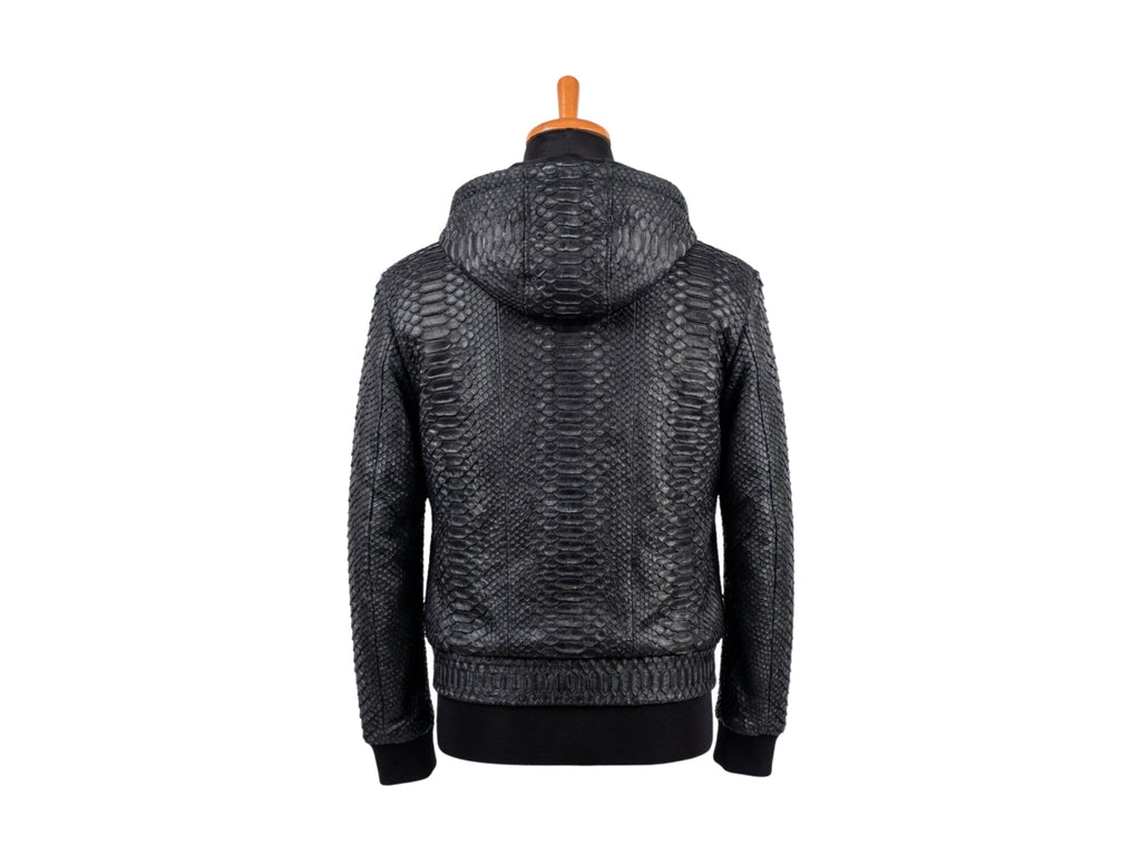 Python snakeskin hoodie bomber jacket with hood, back view, ribbed hem and cuffs