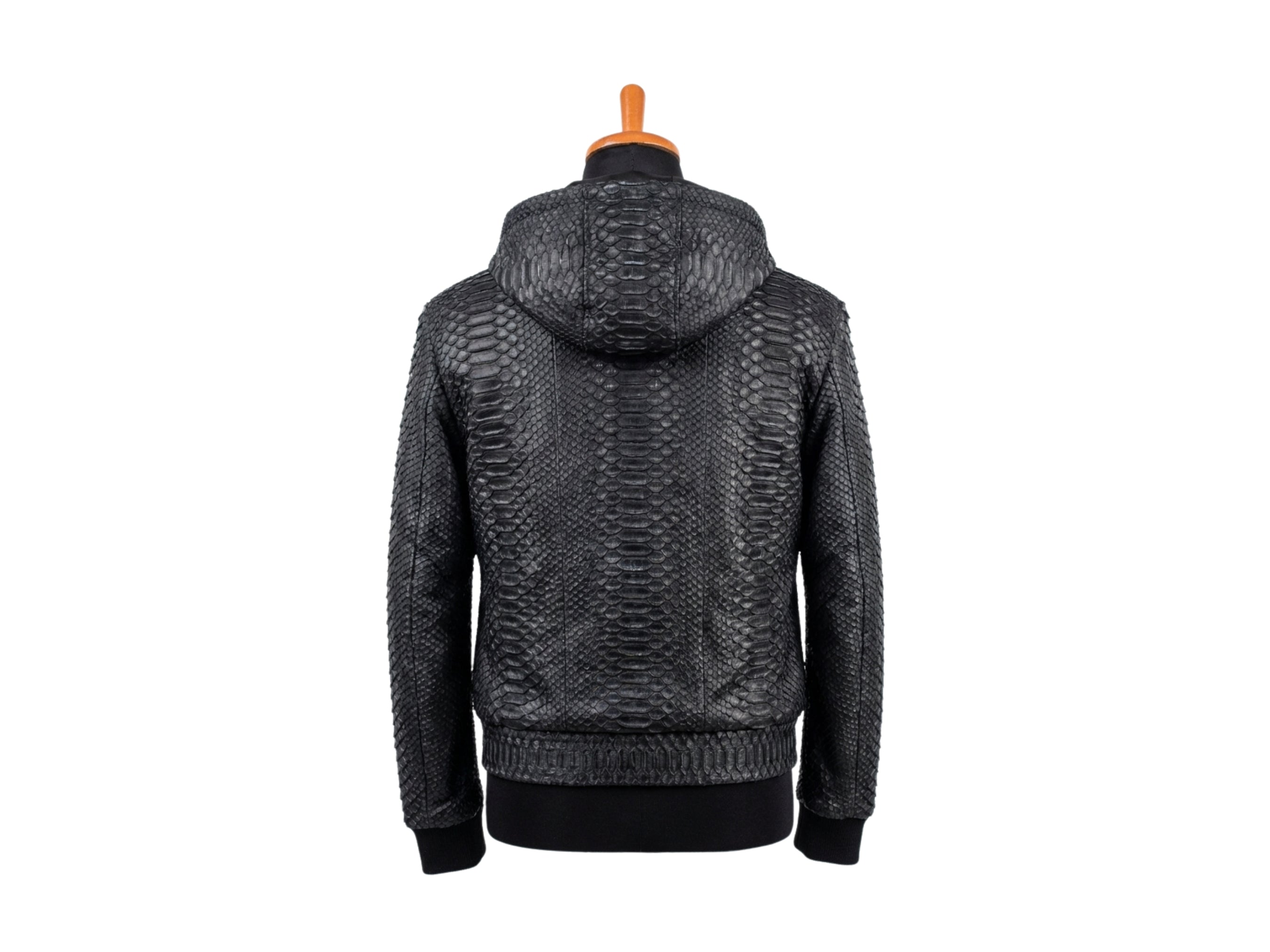 Python snakeskin hoodie bomber jacket with hood, back view, ribbed hem and cuffs