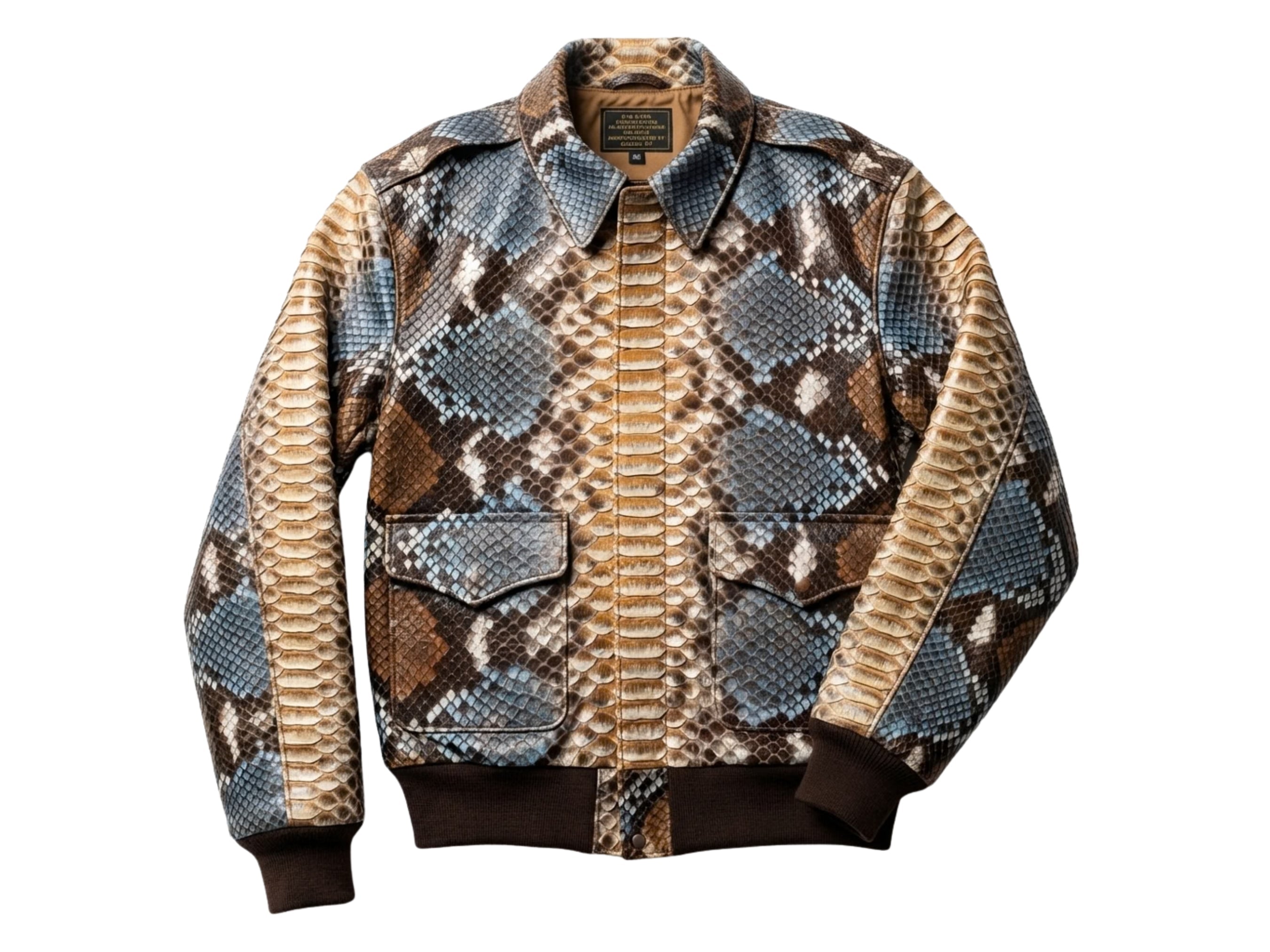 Men's snakeskin-pattern bomber jacket with ribbed knit cuffs and hem, front