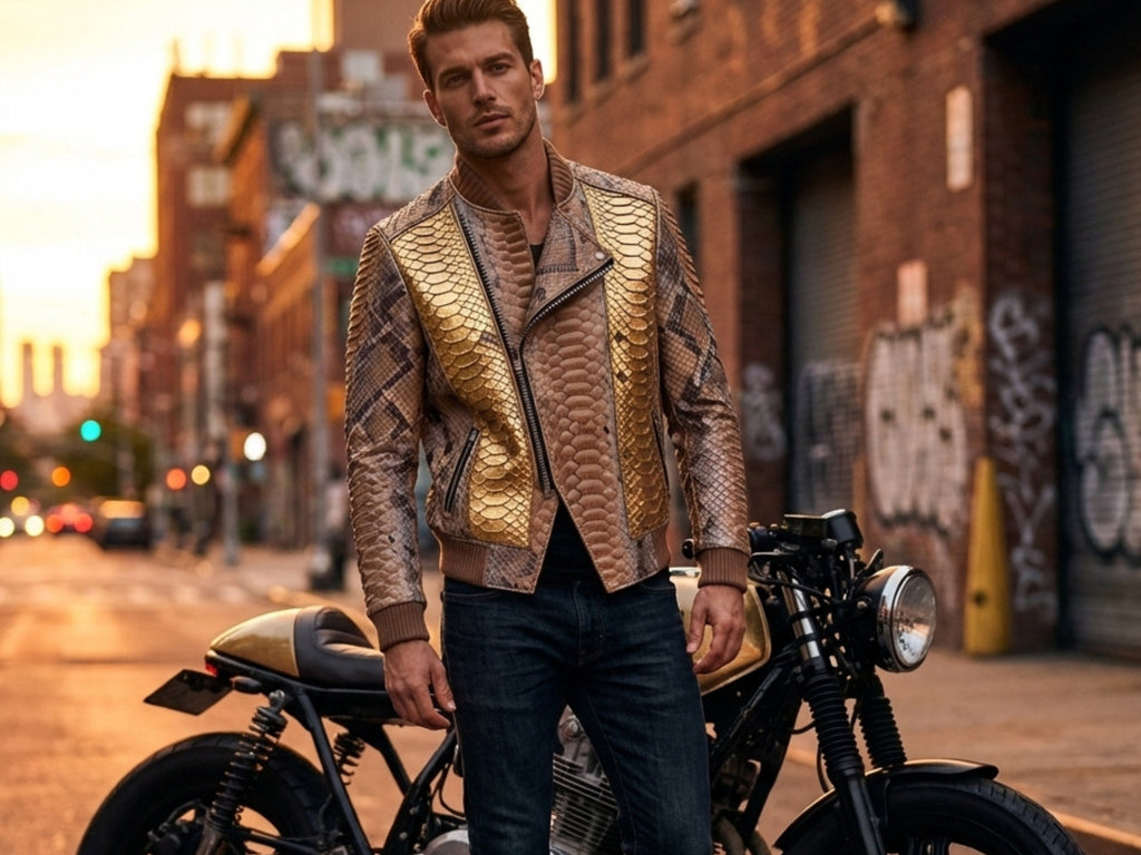 Men’s gold and brown snakeskin-look biker jacket worn over a black shirt