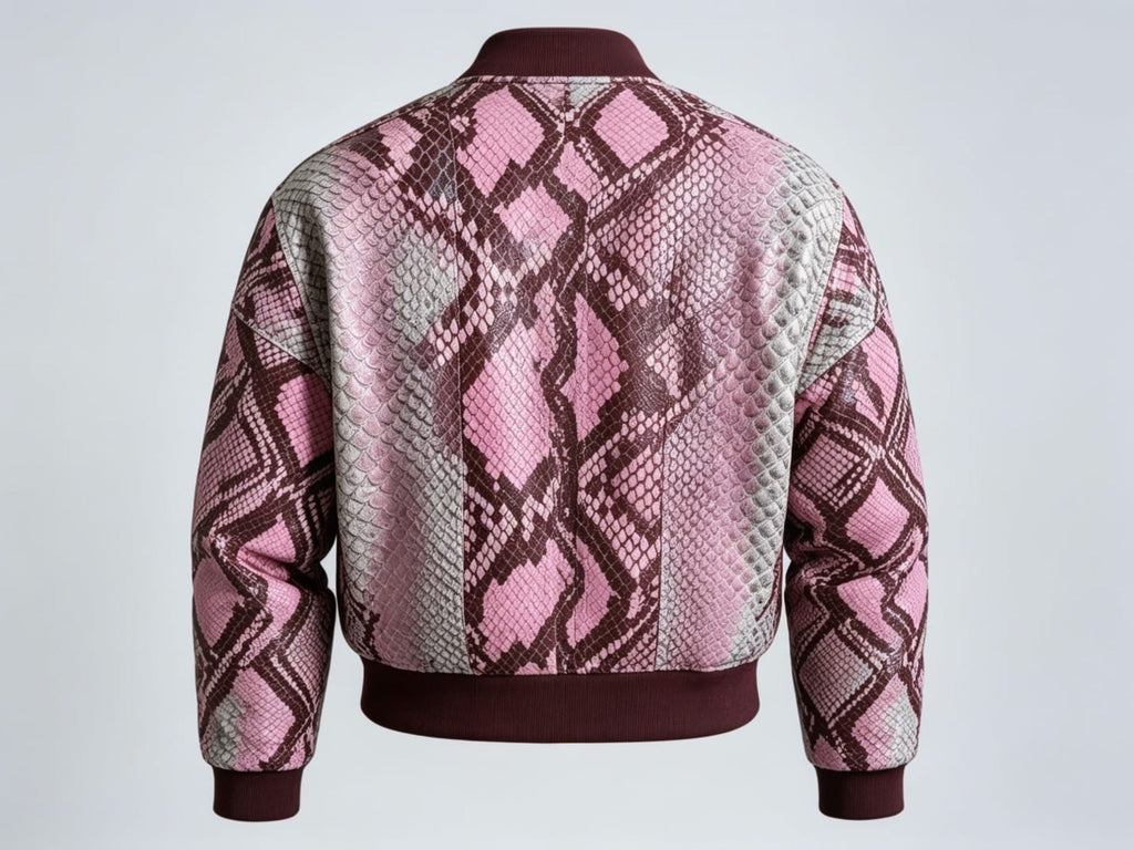 Back view of blush pink snakeskin bomber jacket with maroon ribbed cuffs and hem