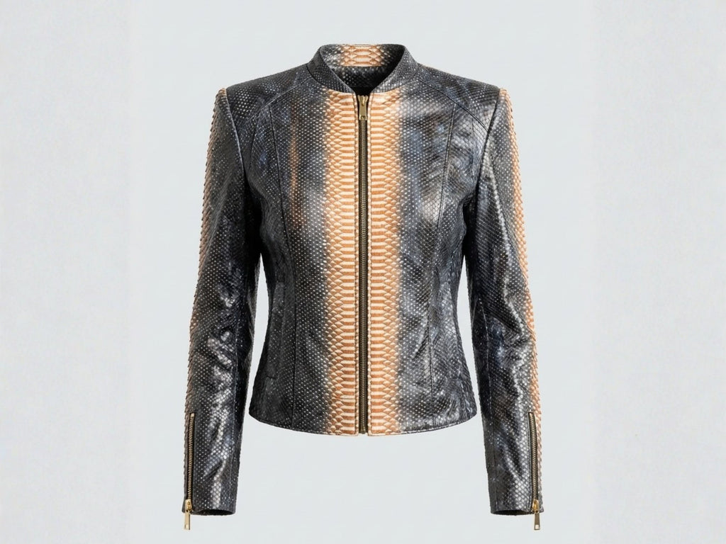 Charcoal snakeskin-effect jacket with zip front, stand collar, gold zippers