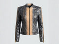 Charcoal snakeskin-effect jacket with zip front, stand collar, gold zippers