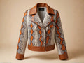 Snakeskin biker leather jacket with brown collar and zip, orange scale pattern front.