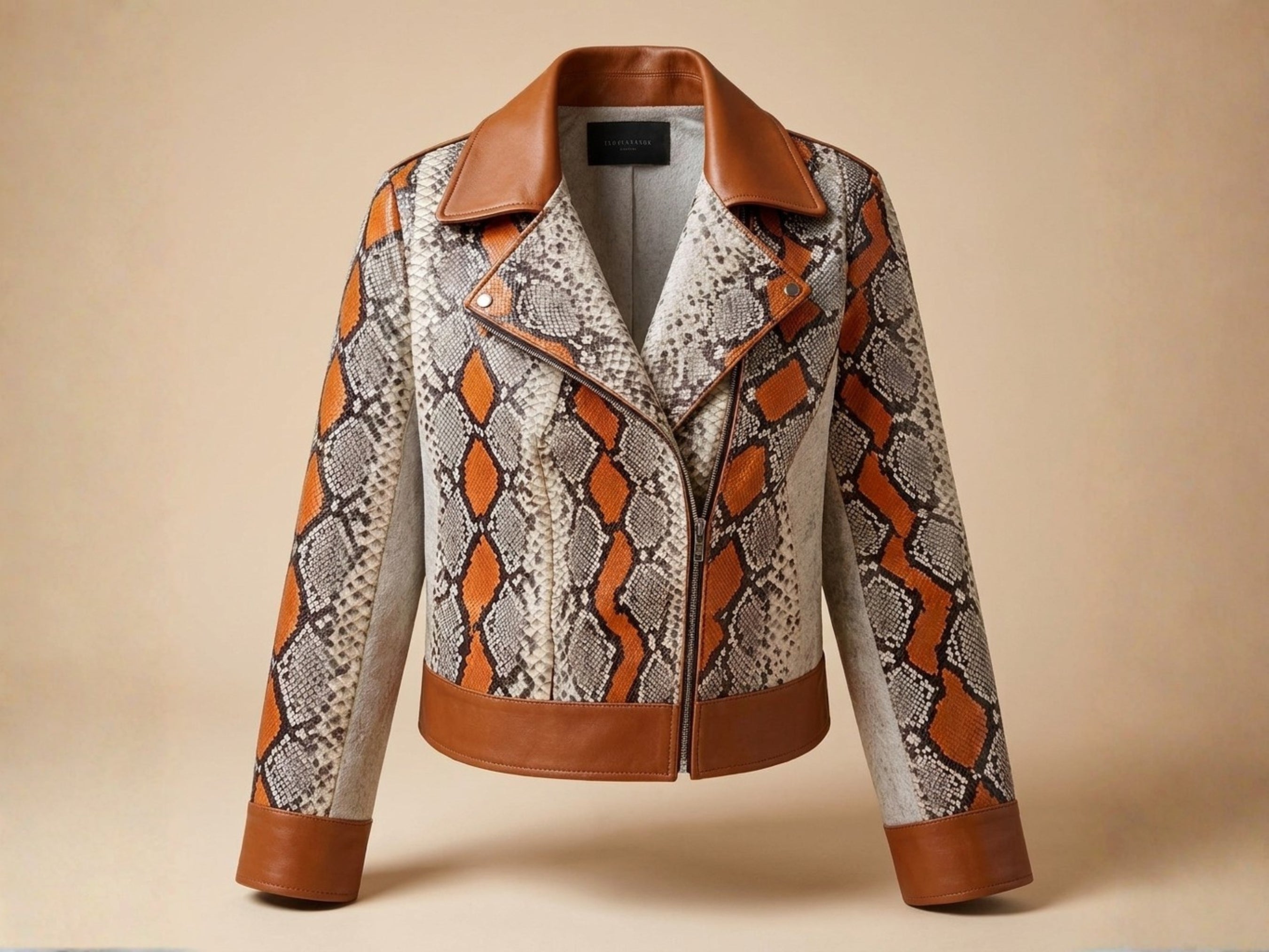 Snakeskin biker leather jacket with brown collar and zip, orange scale pattern front.