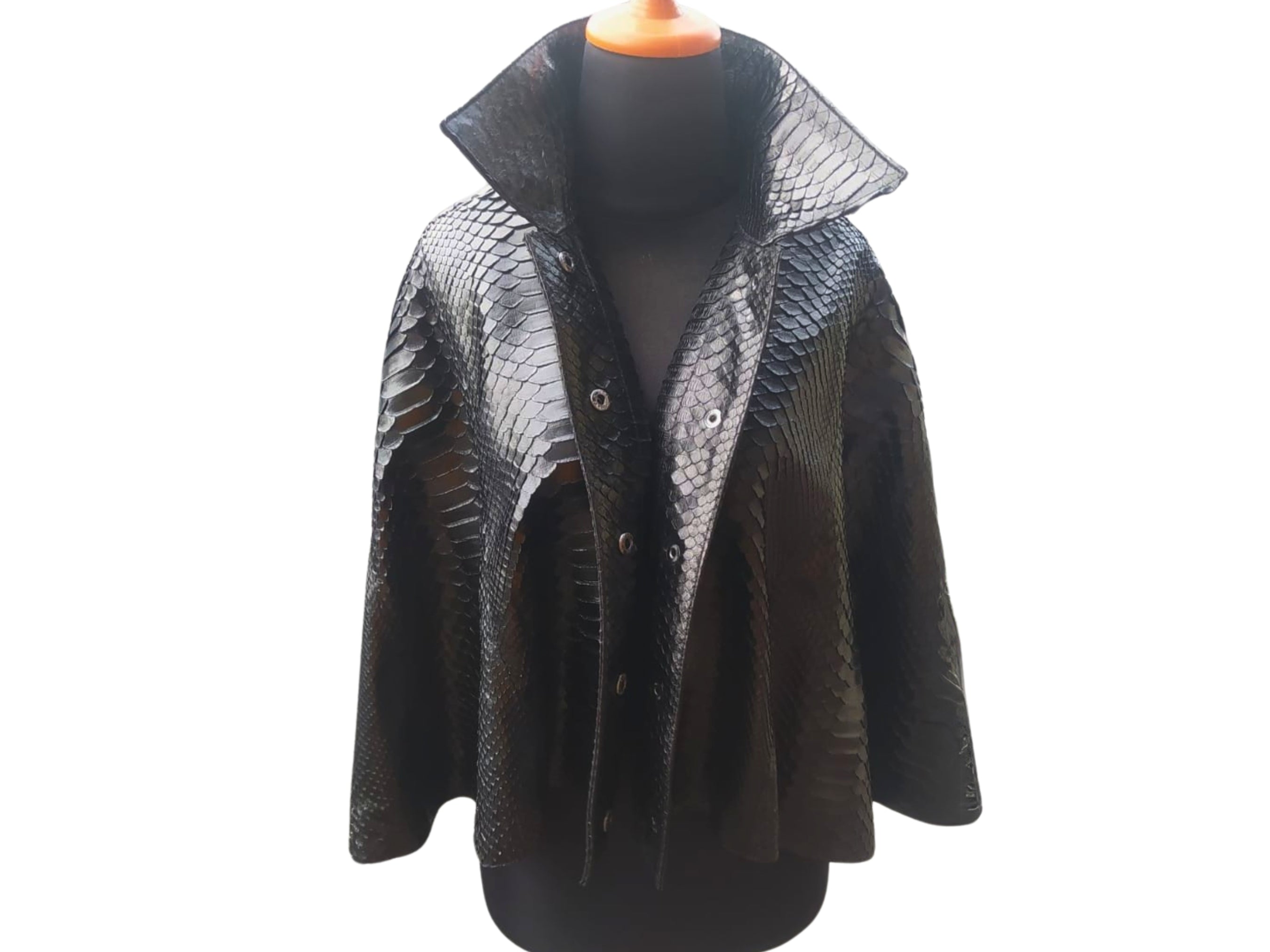 Snakeskin short leather cape in dark and silver snake print, button-front, hooded collar