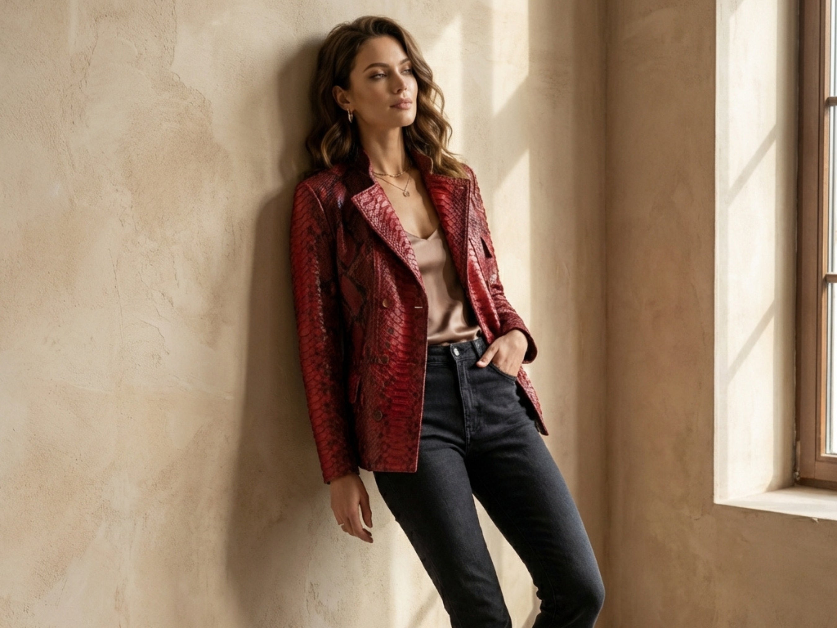 Red snakeskin leather jacket with open collar, button front, and long sleeves
