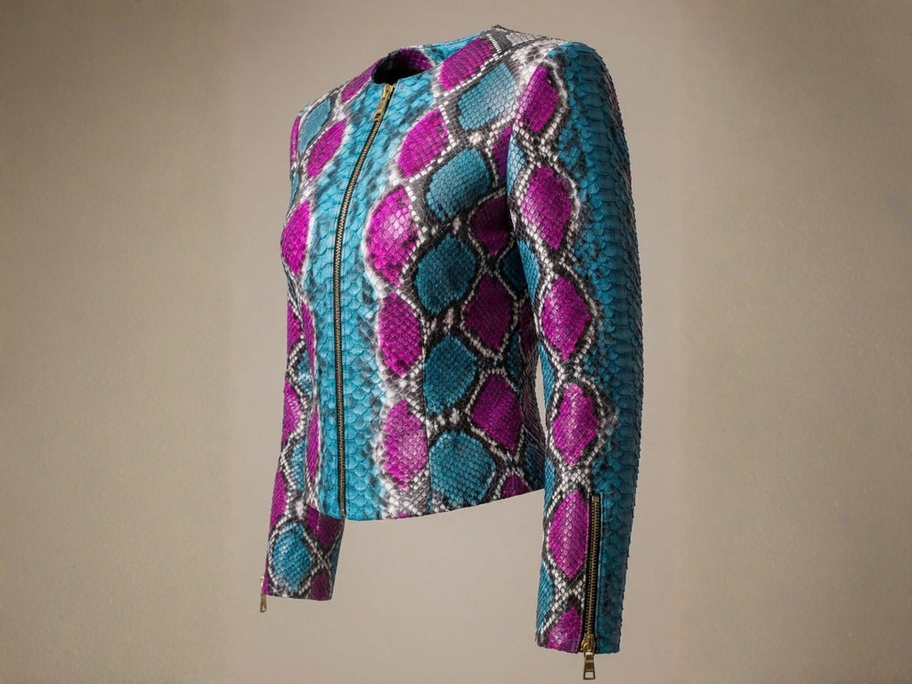 Side view of multi-color snakeskin biker leather jacket with zip front