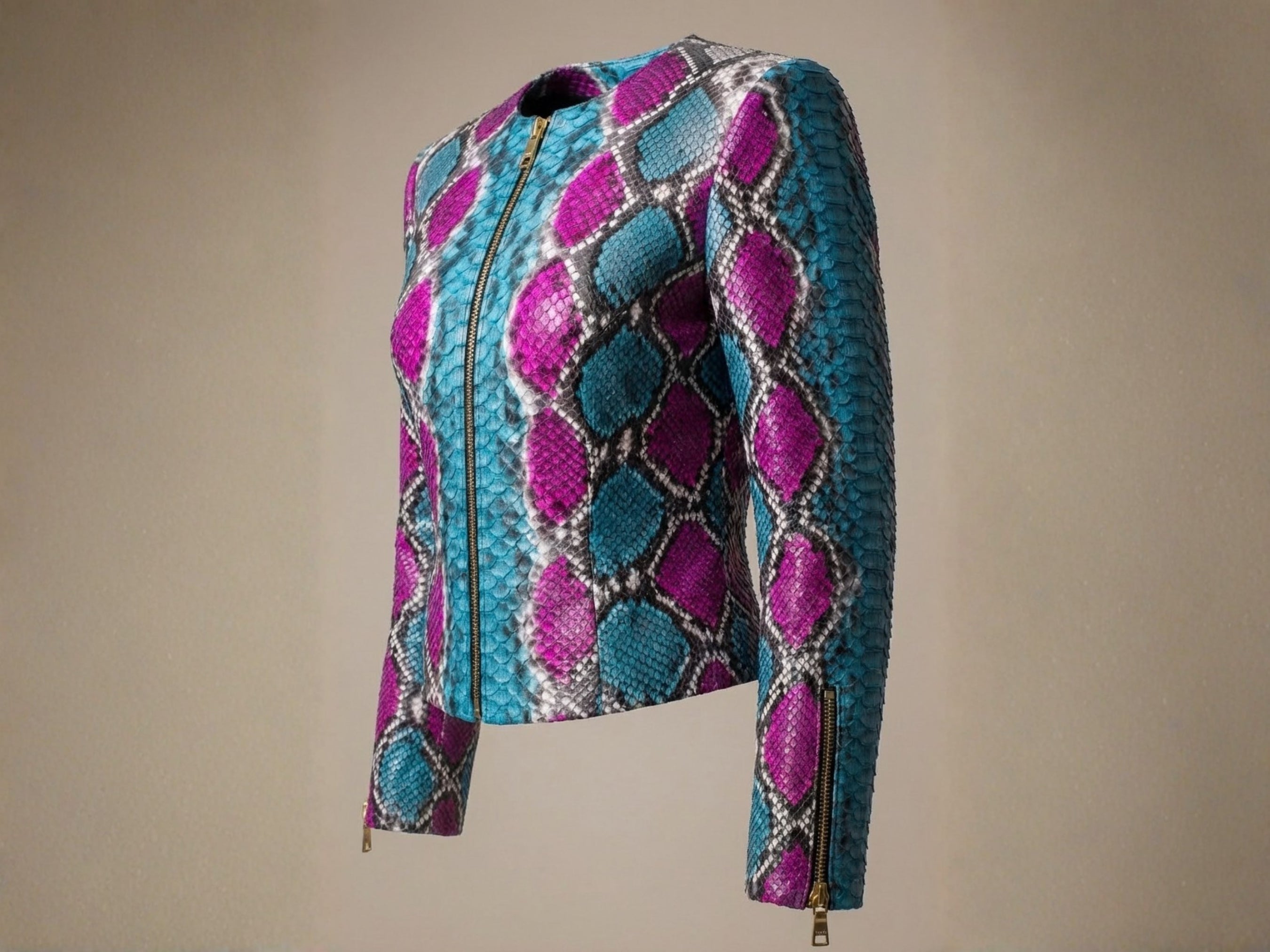 Side view of multi-color snakeskin biker leather jacket with zip front