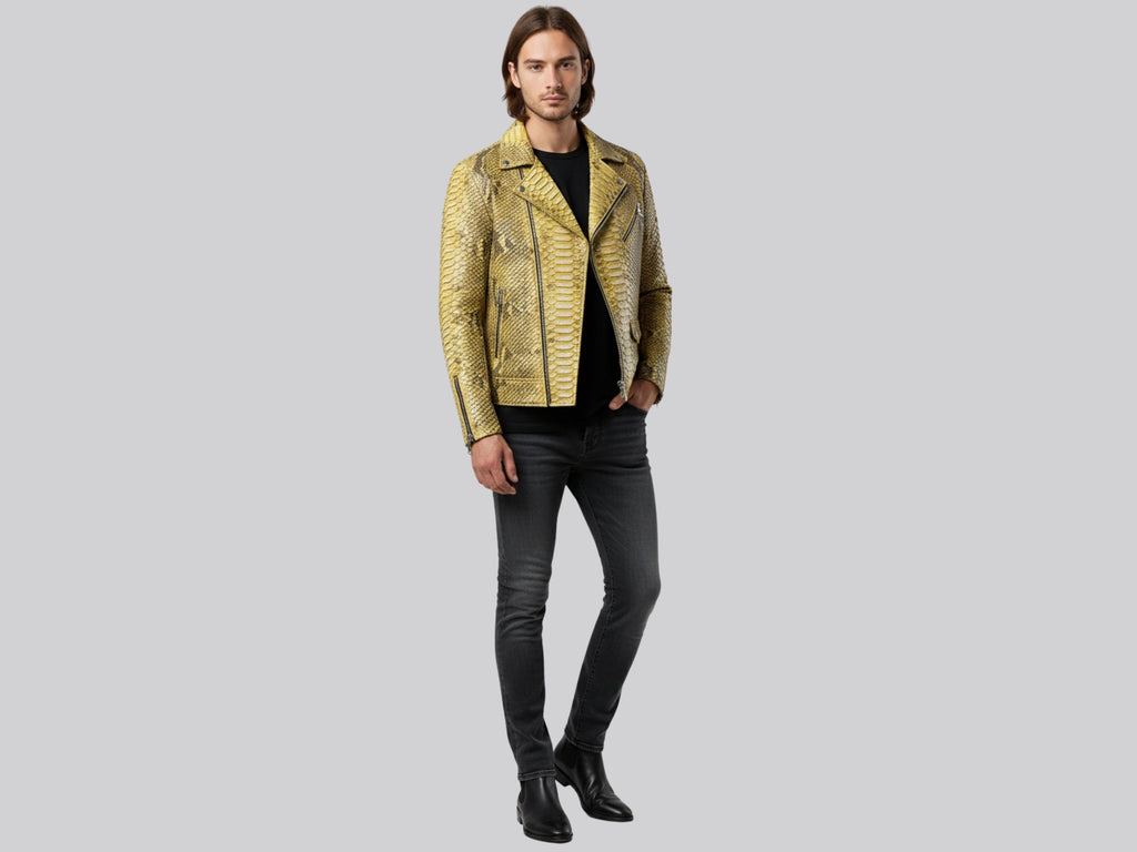 Gold python snakeskin biker jacket with notched lapels and front zipper closure.