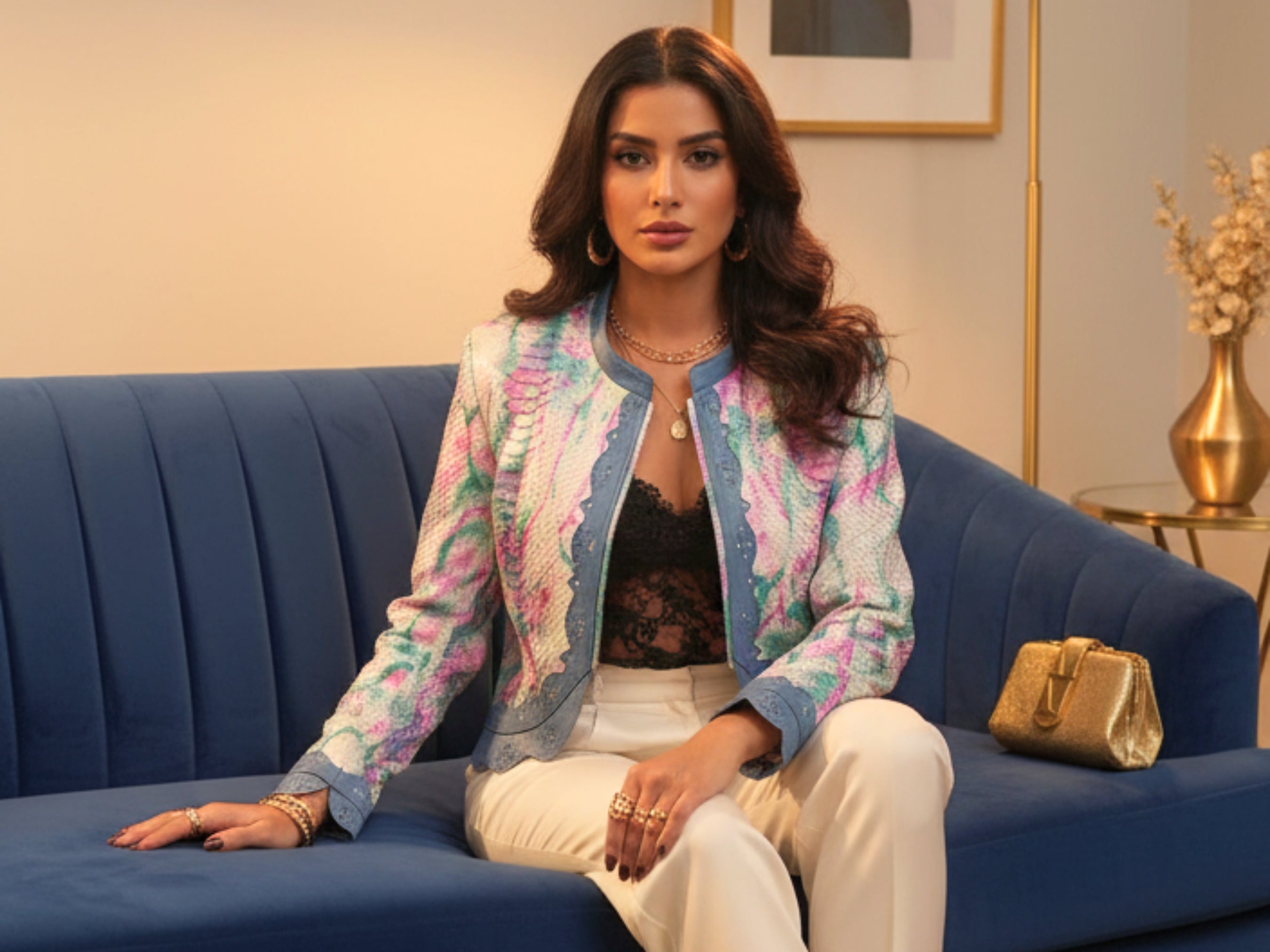 Cropped leather jacket with multicolor snakeskin tie-dye and blue trim, worn open