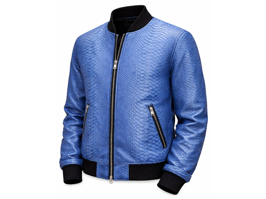 Blue snakeskin-textured bomber jacket, zip front, stand collar, two zip pockets