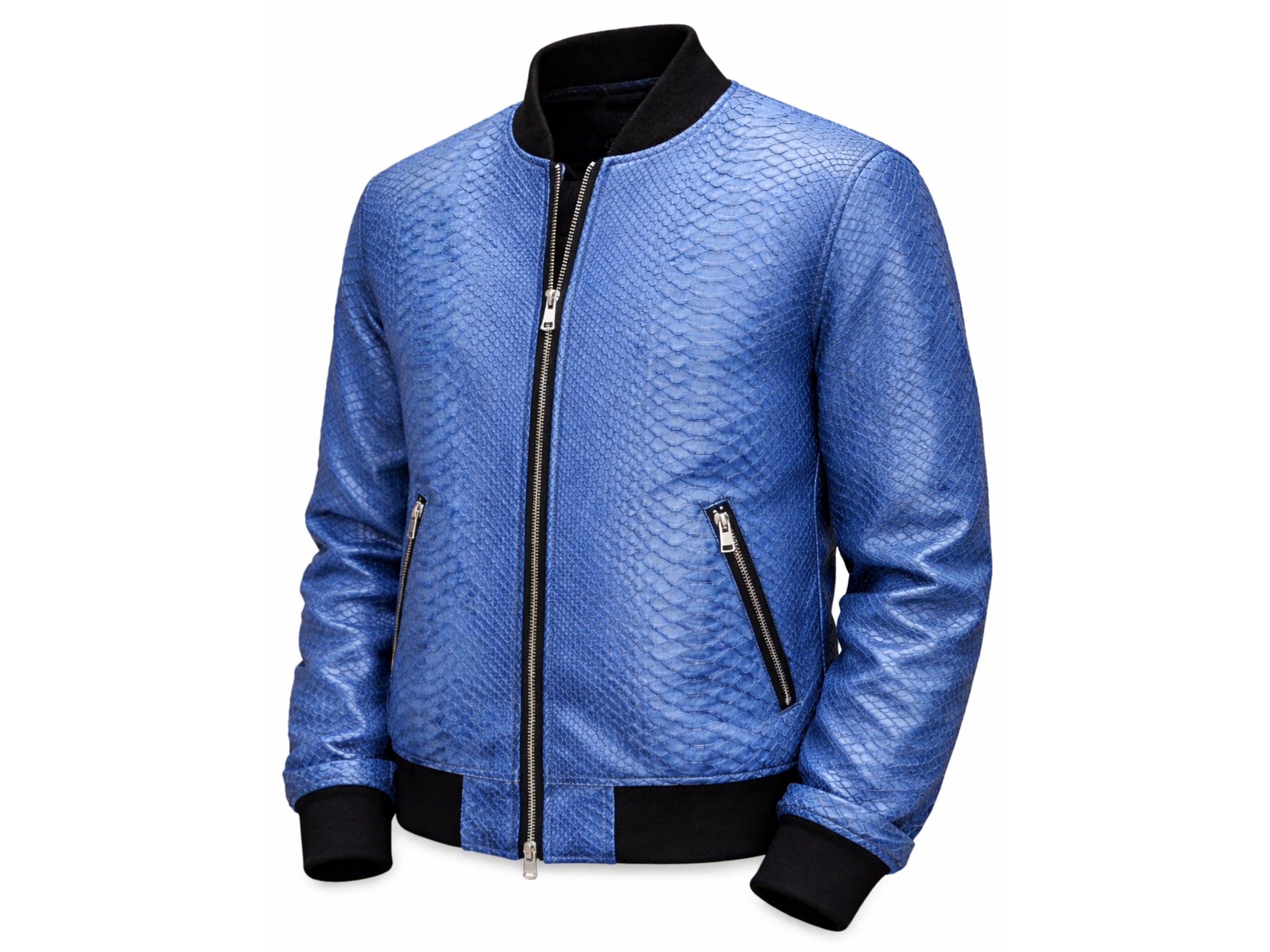 Blue snakeskin-textured bomber jacket, zip front, stand collar, two zip pockets