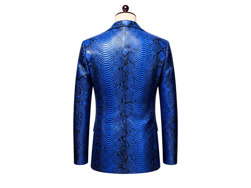 Men's blue snakeskin blazer, back view with center seam and long sleeves.