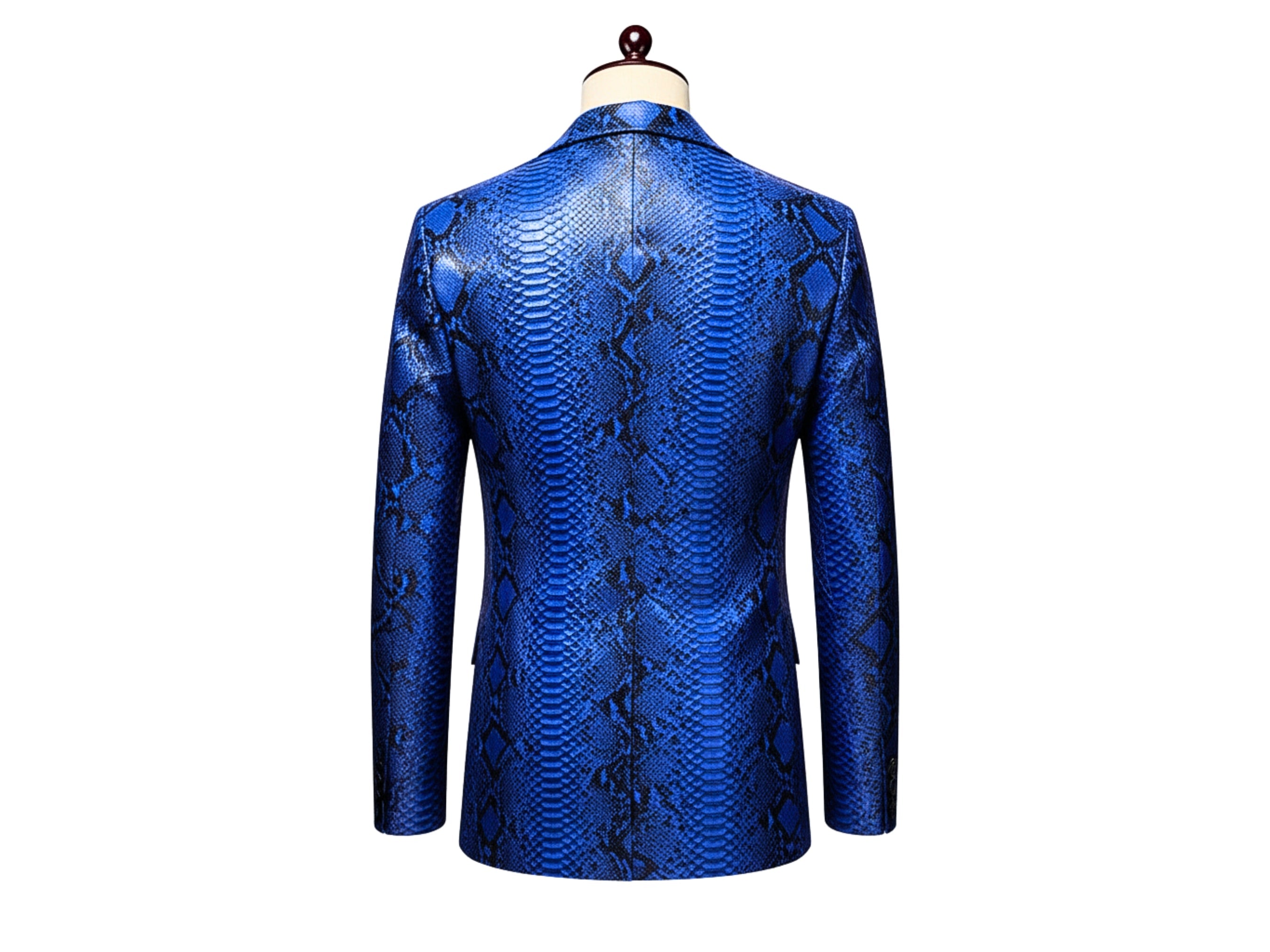 Men's blue snakeskin blazer, back view with center seam and long sleeves.
