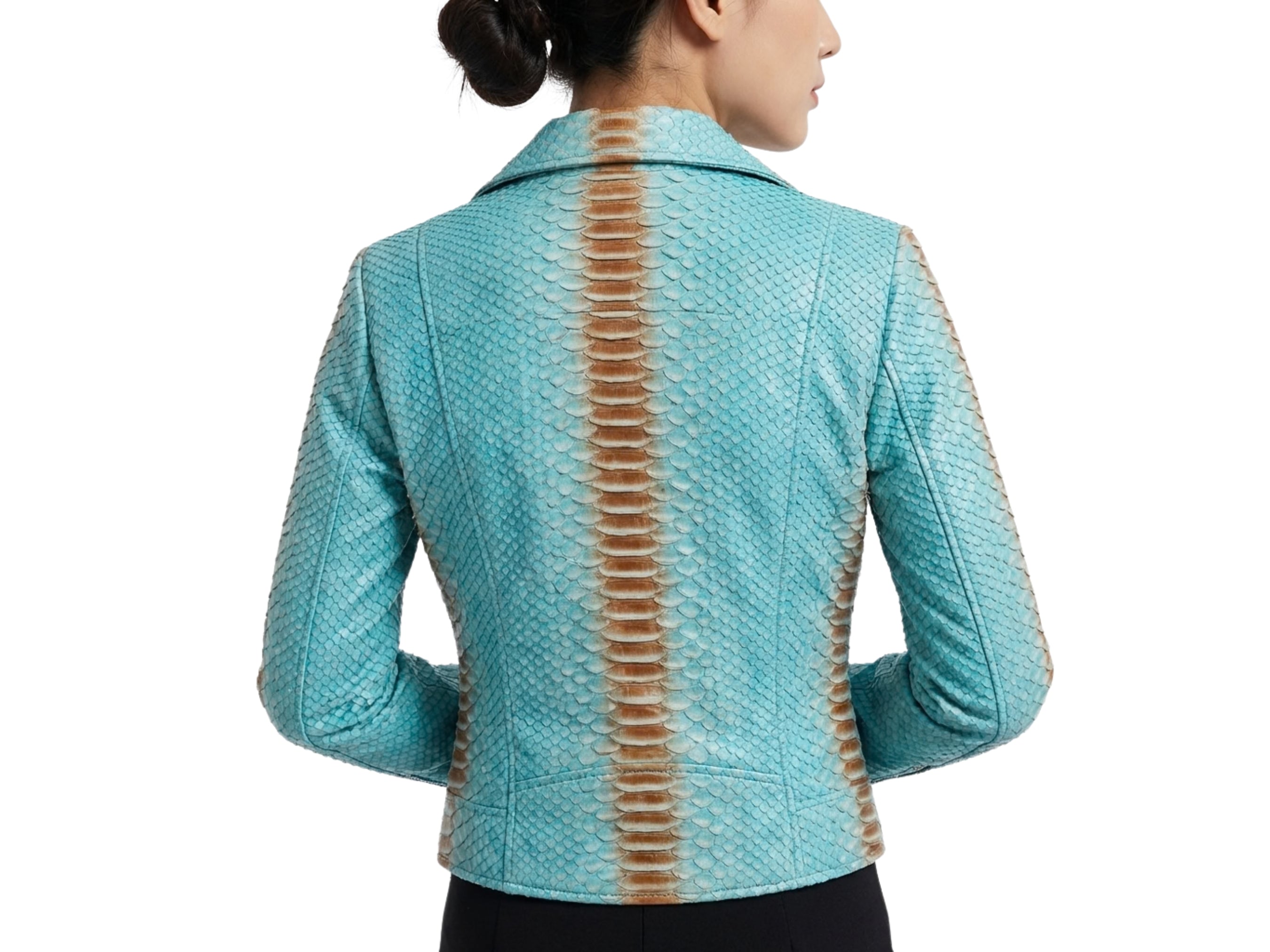 Turquoise snakeskin leather jacket, back view with centered stripe pattern