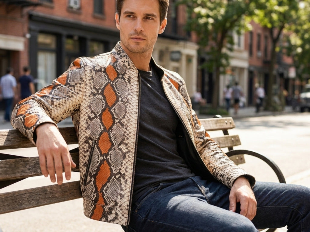 Python snakeskin jacket with orange diamond scales over black shirt, zip-front stand collar