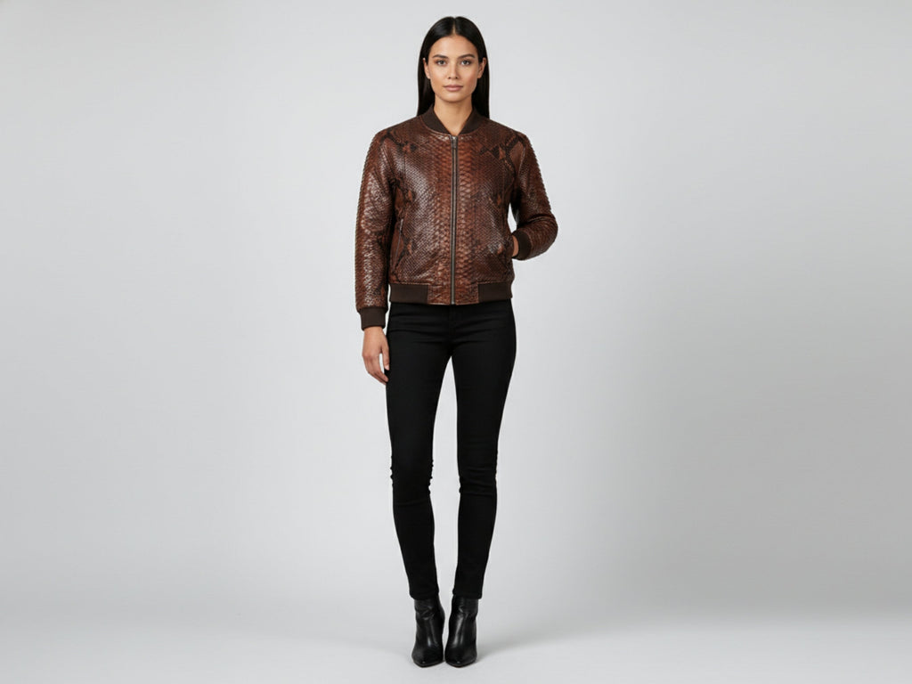 Brown snakeskin leather bomber jacket on model, front zip and ribbed cuffs