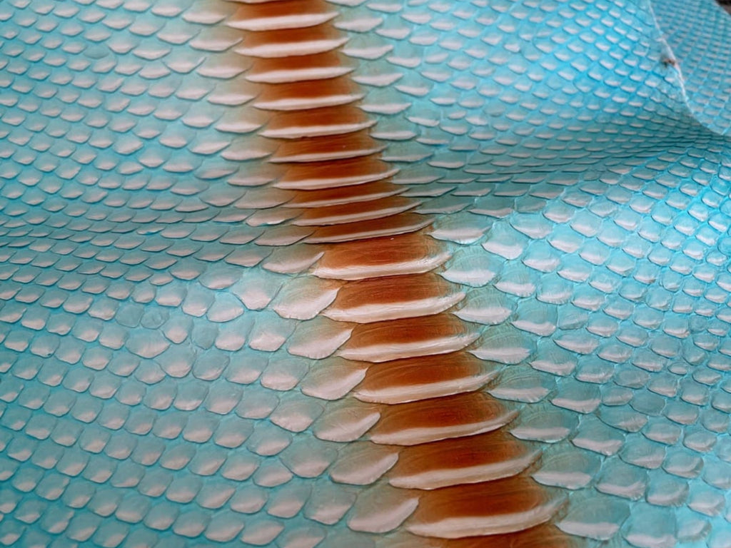 Close-up of turquoise snakeskin leather texture with multitone scale pattern