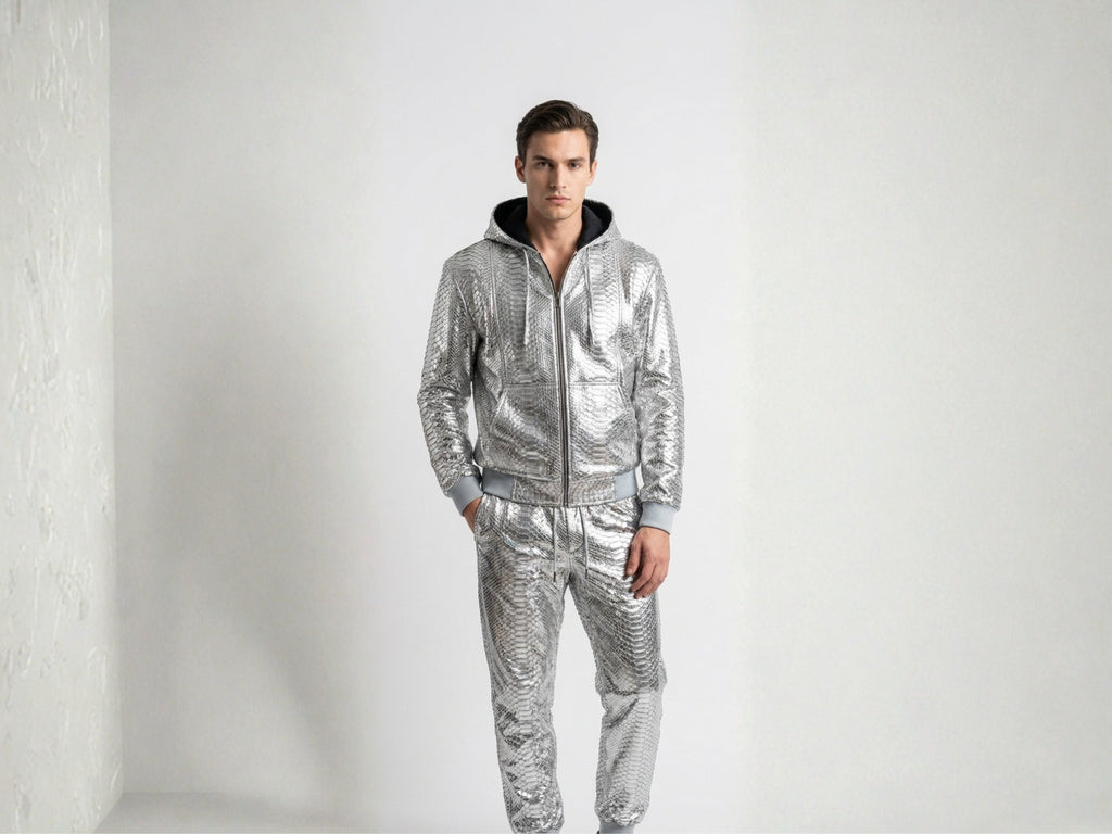 Silver metallic python-pattern tracksuit with zip-up bomber jacket and cuffed joggers