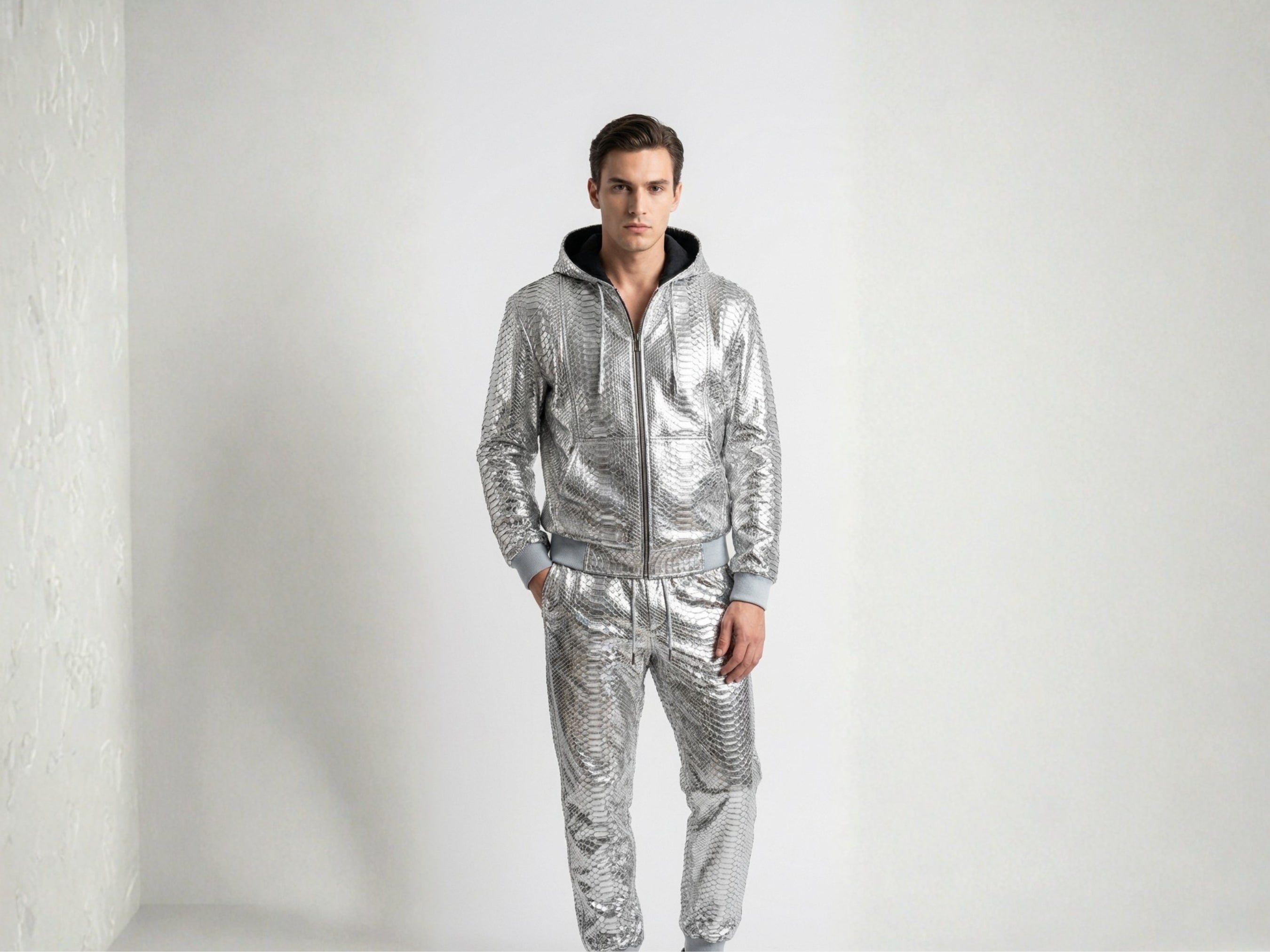 Silver metallic python-pattern tracksuit with zip-up bomber jacket and cuffed joggers