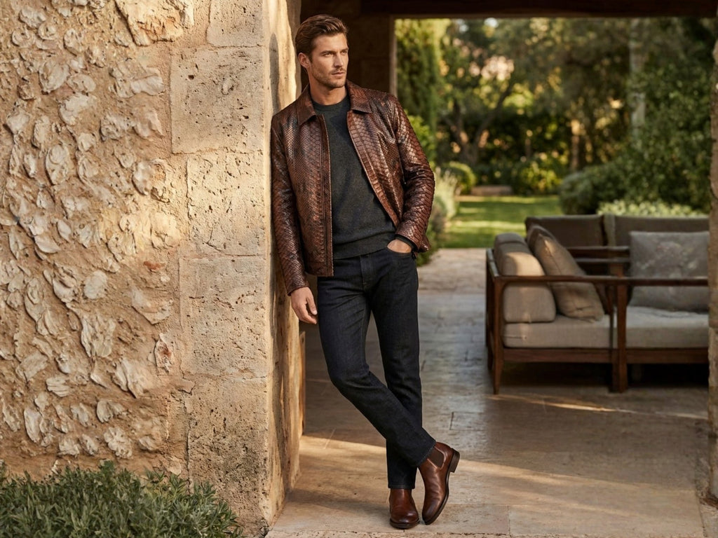 Brown python snakeskin jacket with zip-front and stand collar, long sleeves