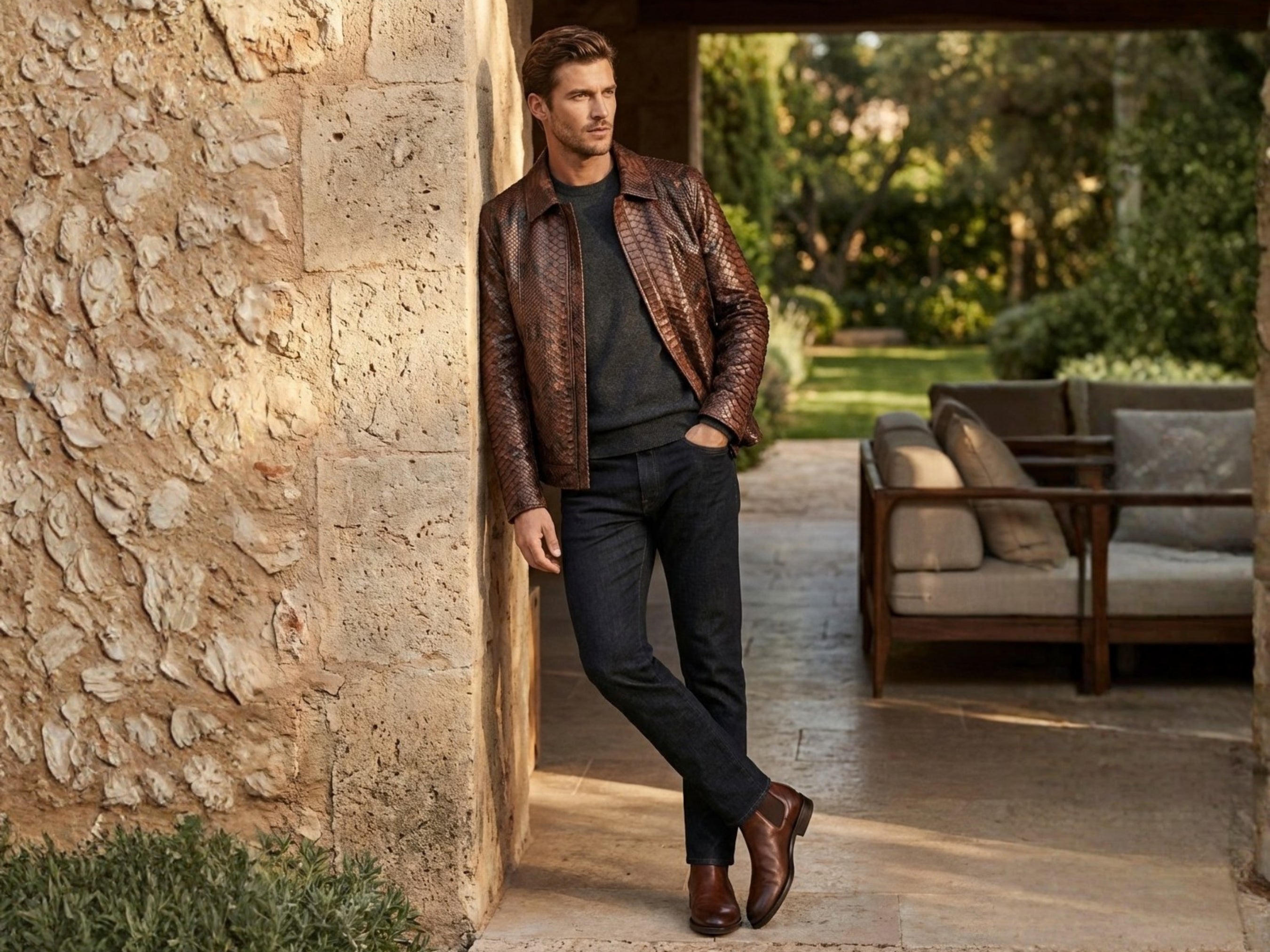 Brown python snakeskin jacket with zip-front and stand collar, long sleeves