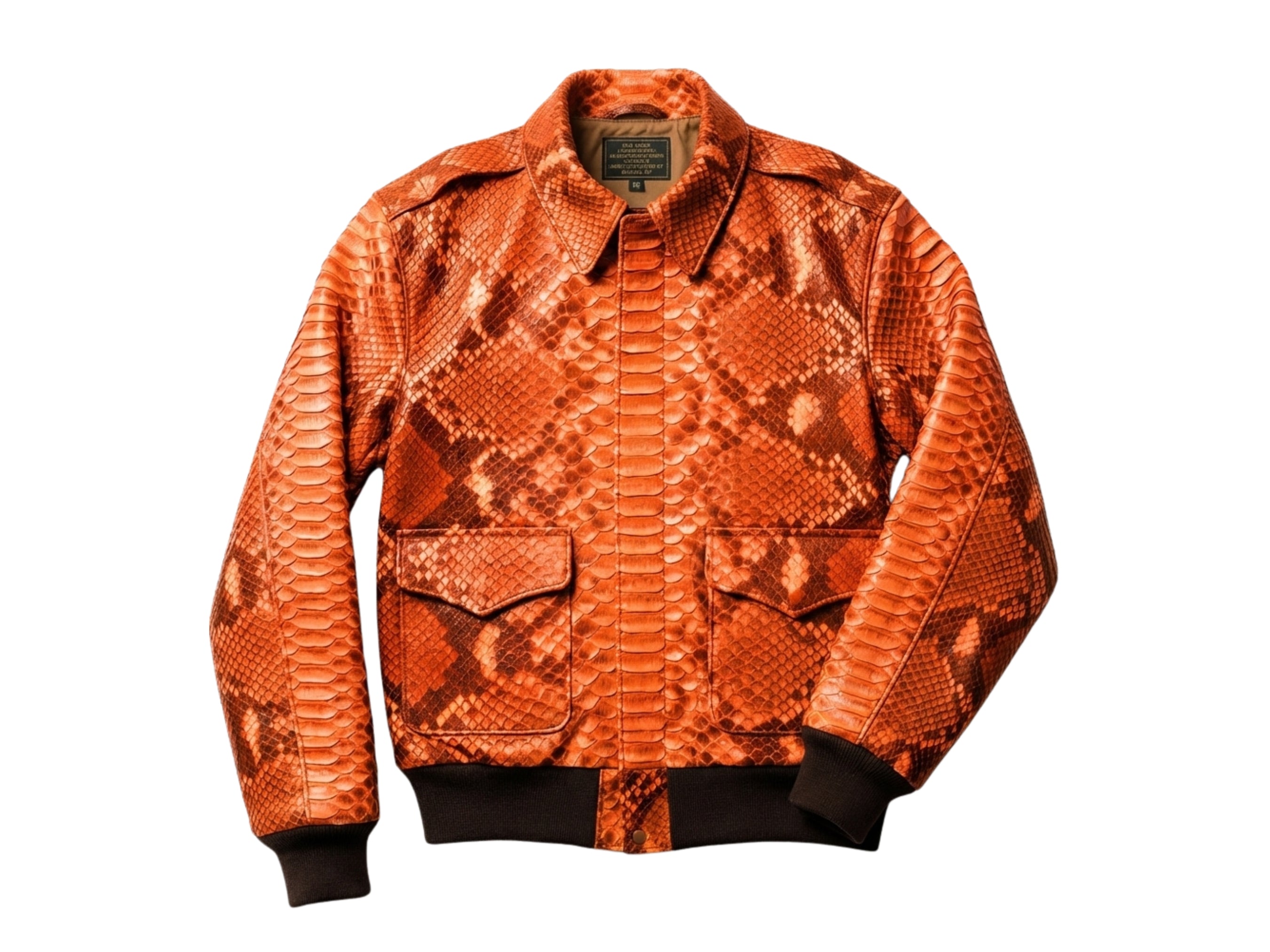 Men's orange python snakeskin bomber jacket, two chest flap pockets, zip front