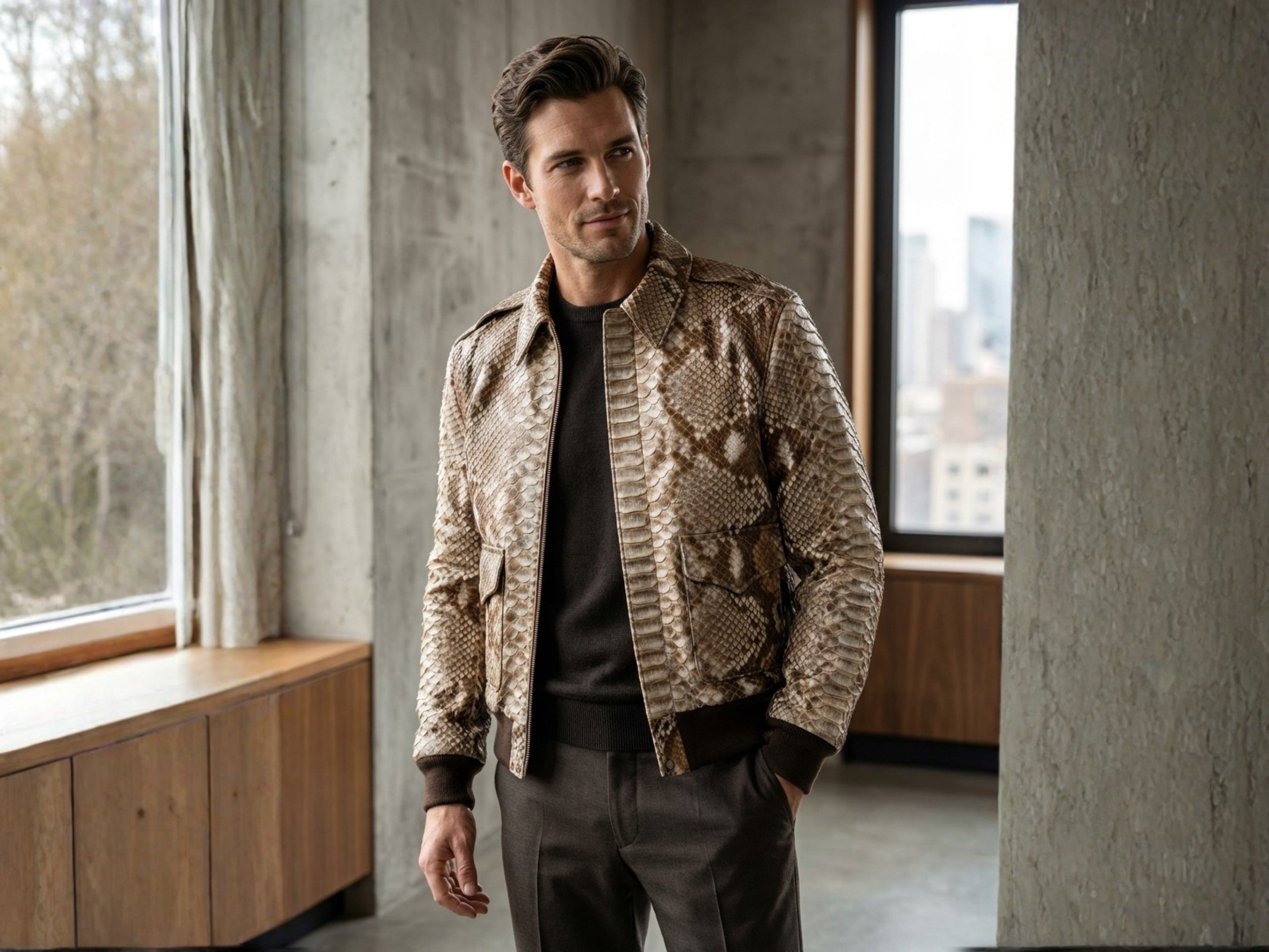 Taupe beige python snakeskin bomber jacket worn over dark top, ribbed cuffs and hem