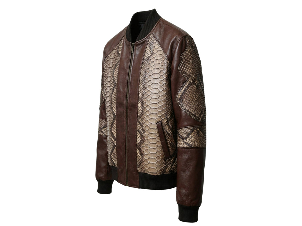 Men's bomber jacket side view: dark brown leather with snakeskin-patterned sleeves and ribbed hem.