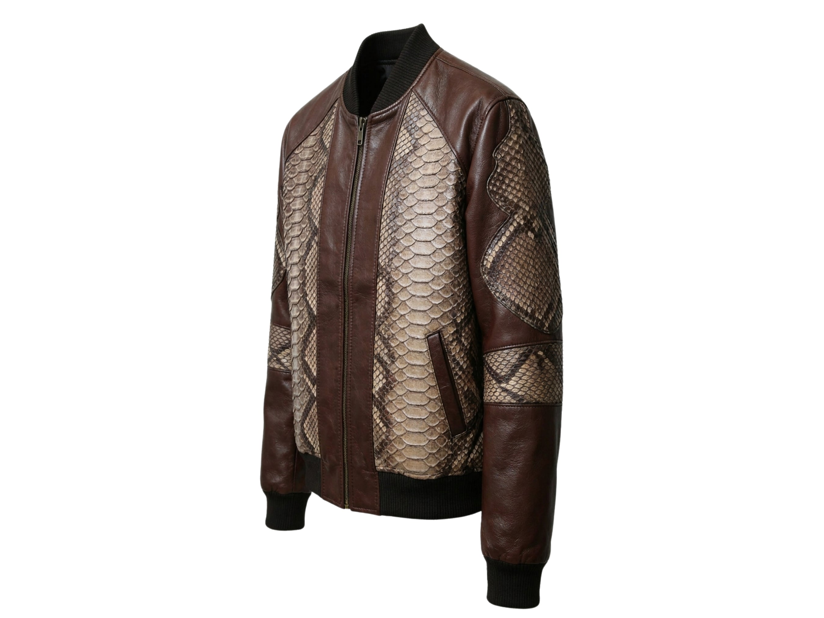 Men's bomber jacket side view: dark brown leather with snakeskin-patterned sleeves and ribbed hem.