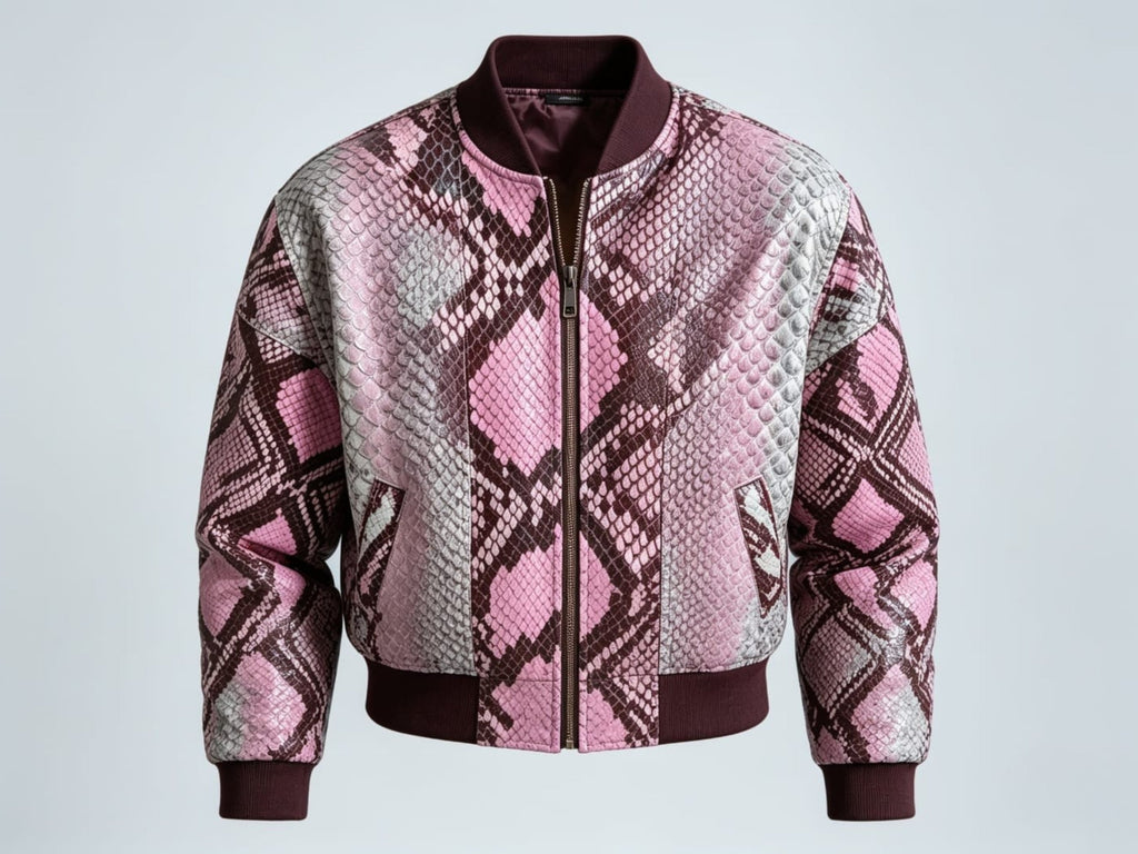 Blush pink snakeskin bomber jacket with front zip, maroon trim, and side seam pockets