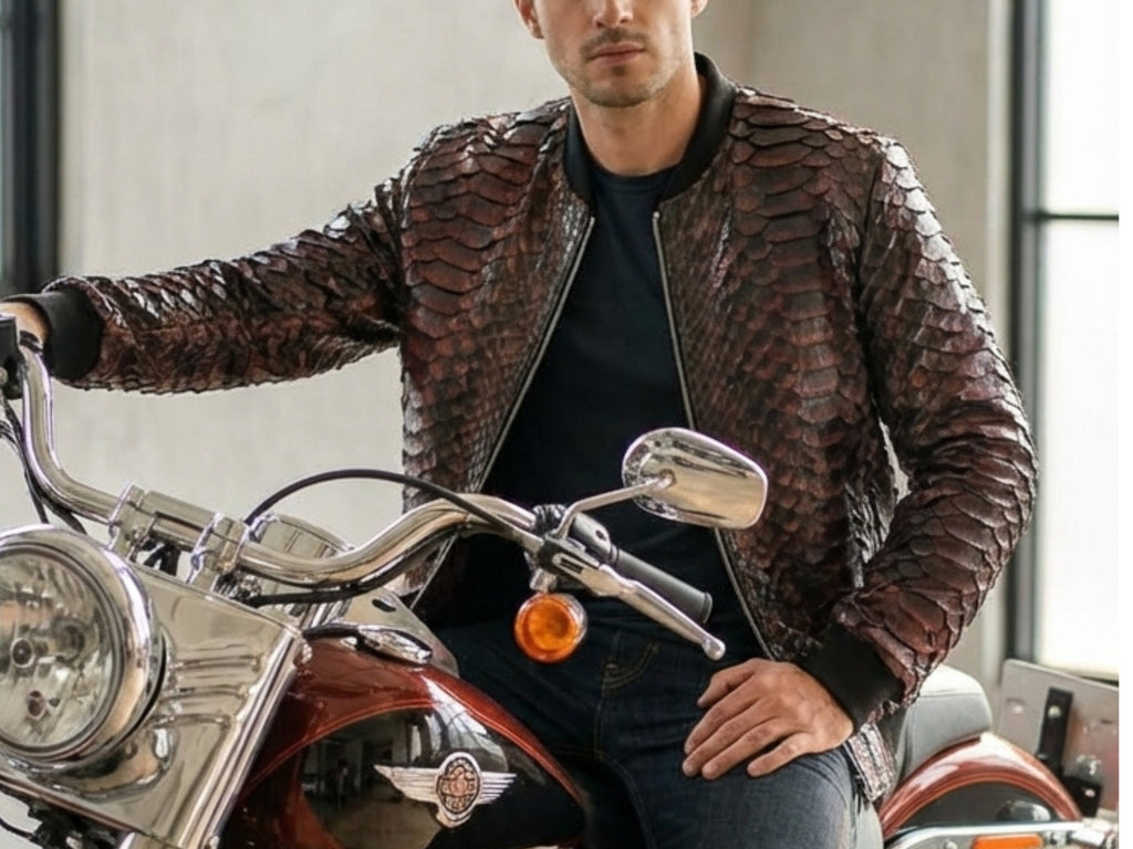 Snakeskin-pattern bomber jacket with stand collar and zip-front, ribbed cuffs and hem