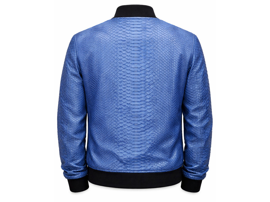 Back view of blue snakeskin-textured bomber jacket with black ribbed hem and cuffs