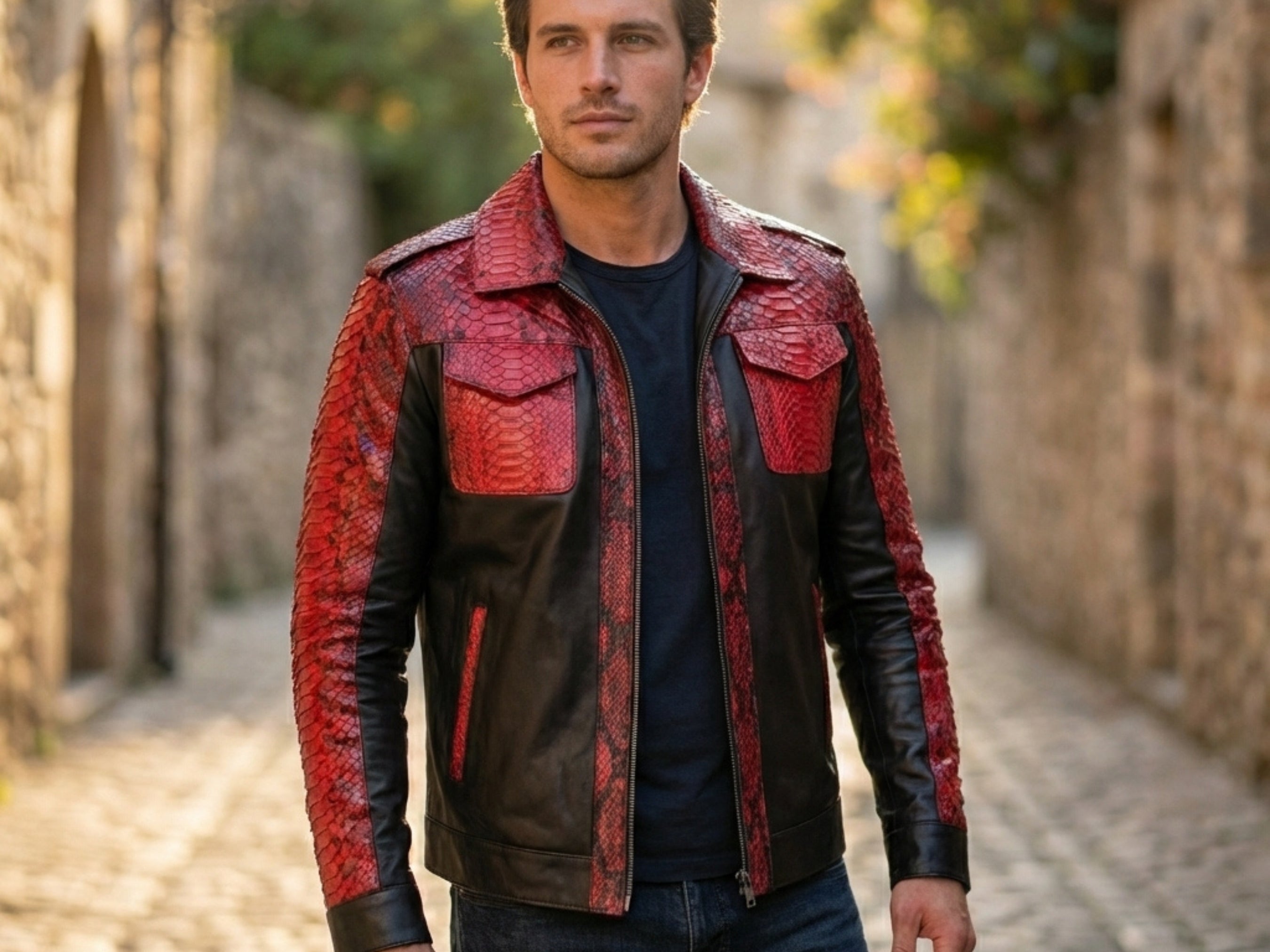 Outdoor look: red snakeskin-style jacket with black leather panels, chest pockets, and front zipper