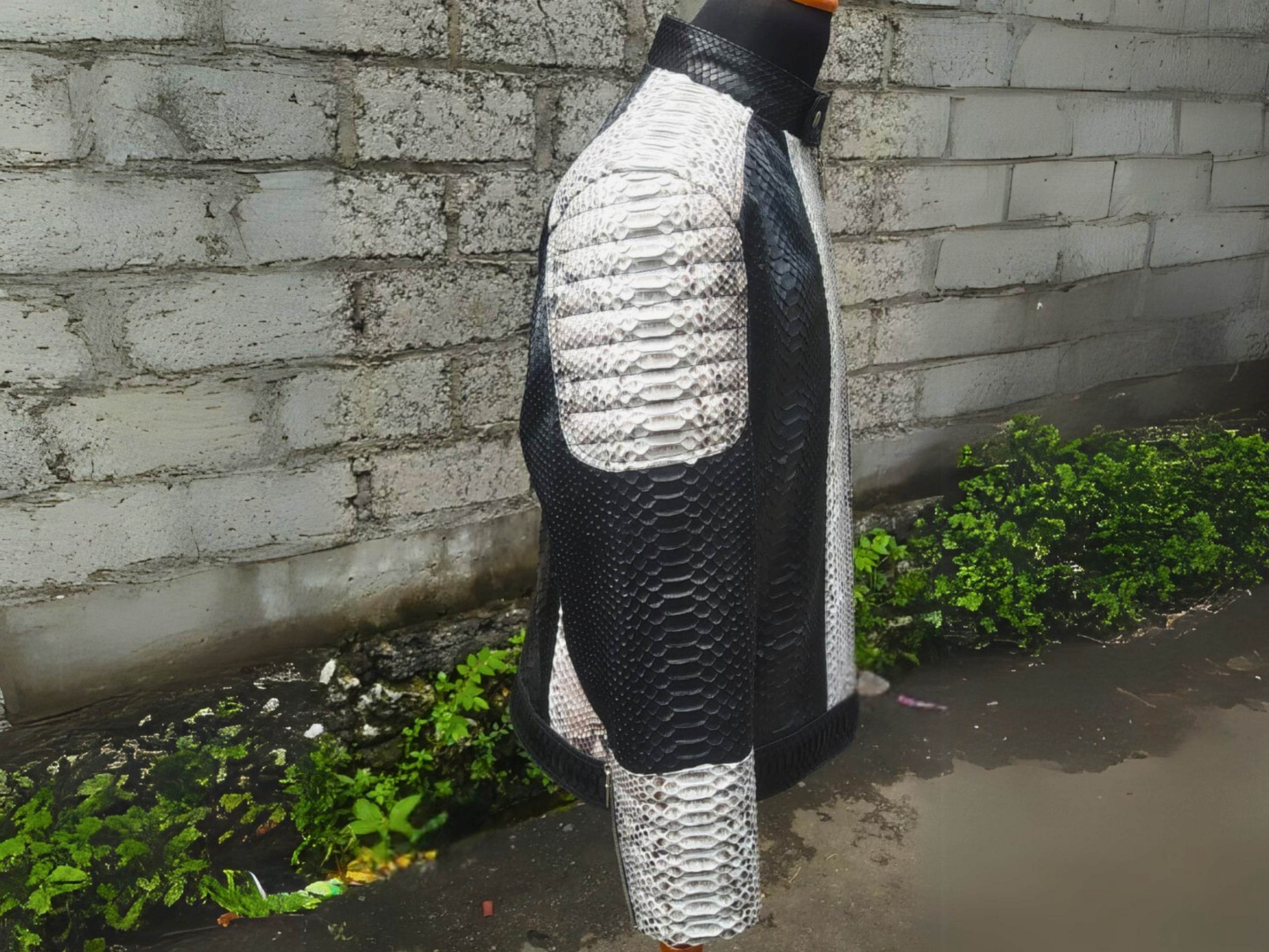 Cafe racer leather jacket side view with black body and silver snakeskin sleeve panels