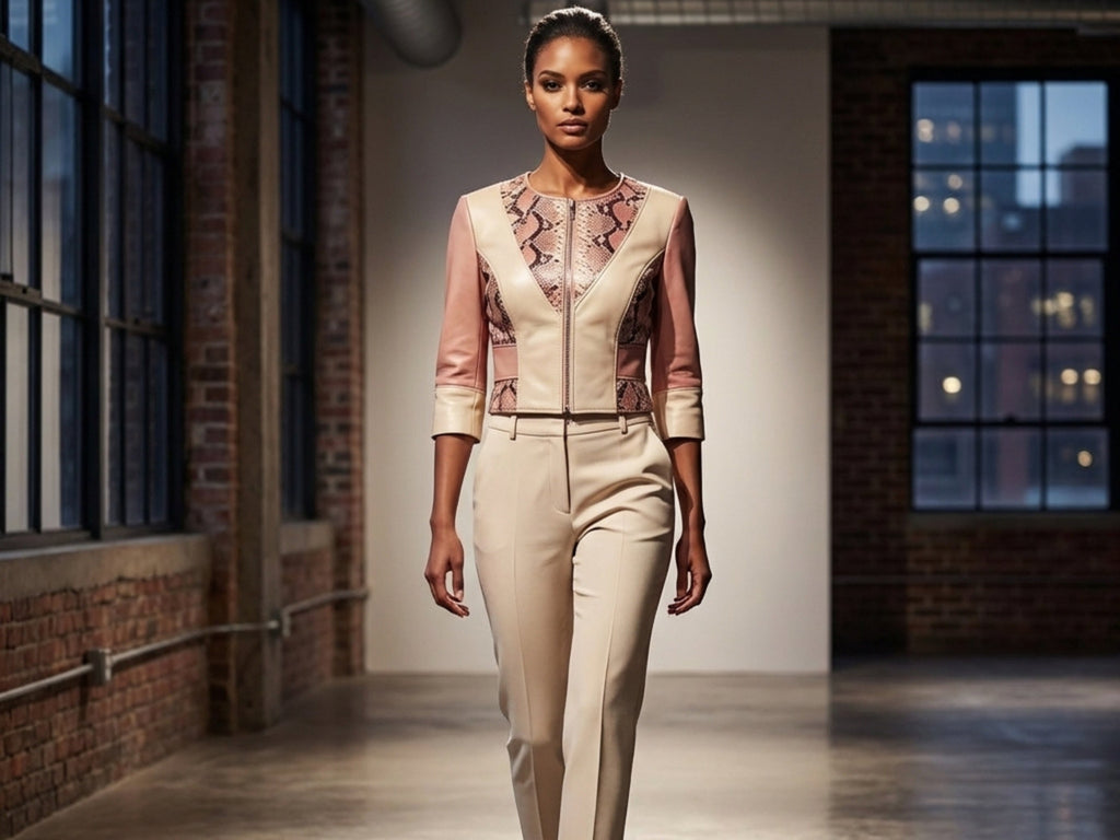 Blush pink and cream leather bolero jacket with snakeskin panel and front zip