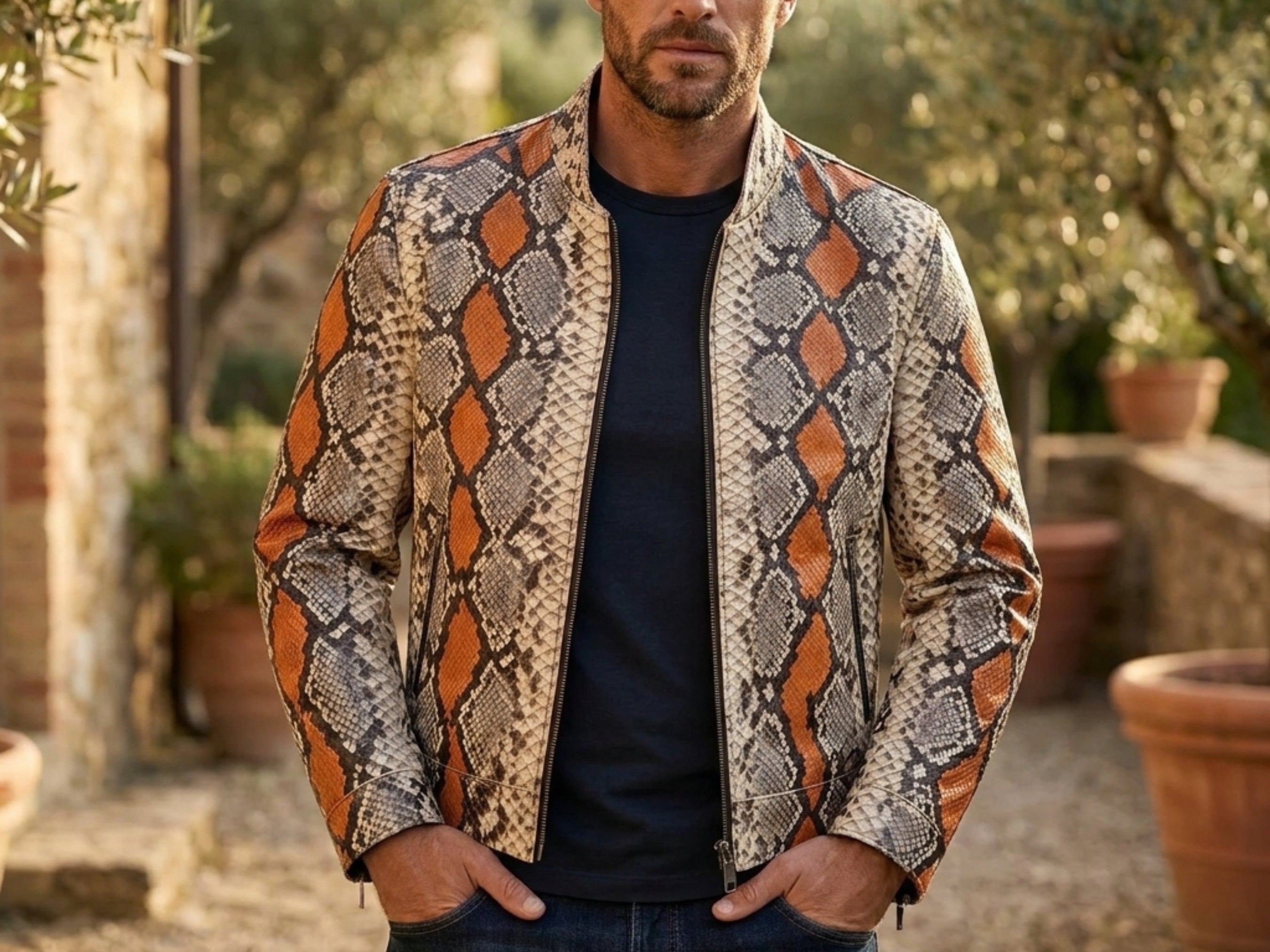 Python snakeskin jacket with orange diamond pattern and stand collar, zip-front style