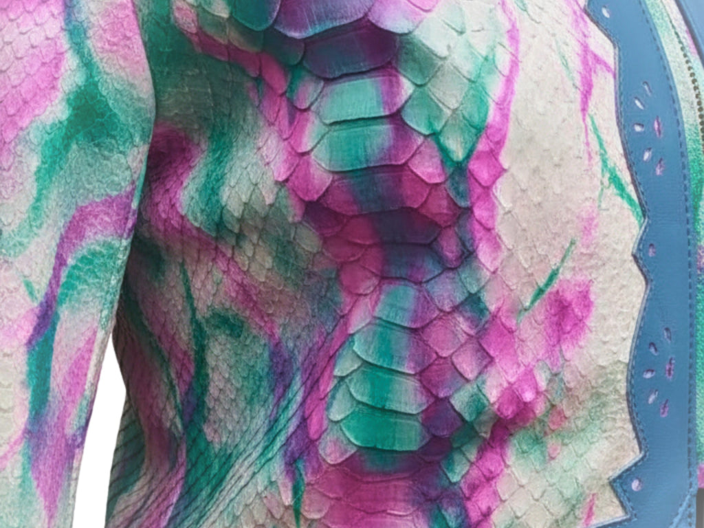 Snakeskin tie-dye leather jacket detail in multicolor with blue trim panel