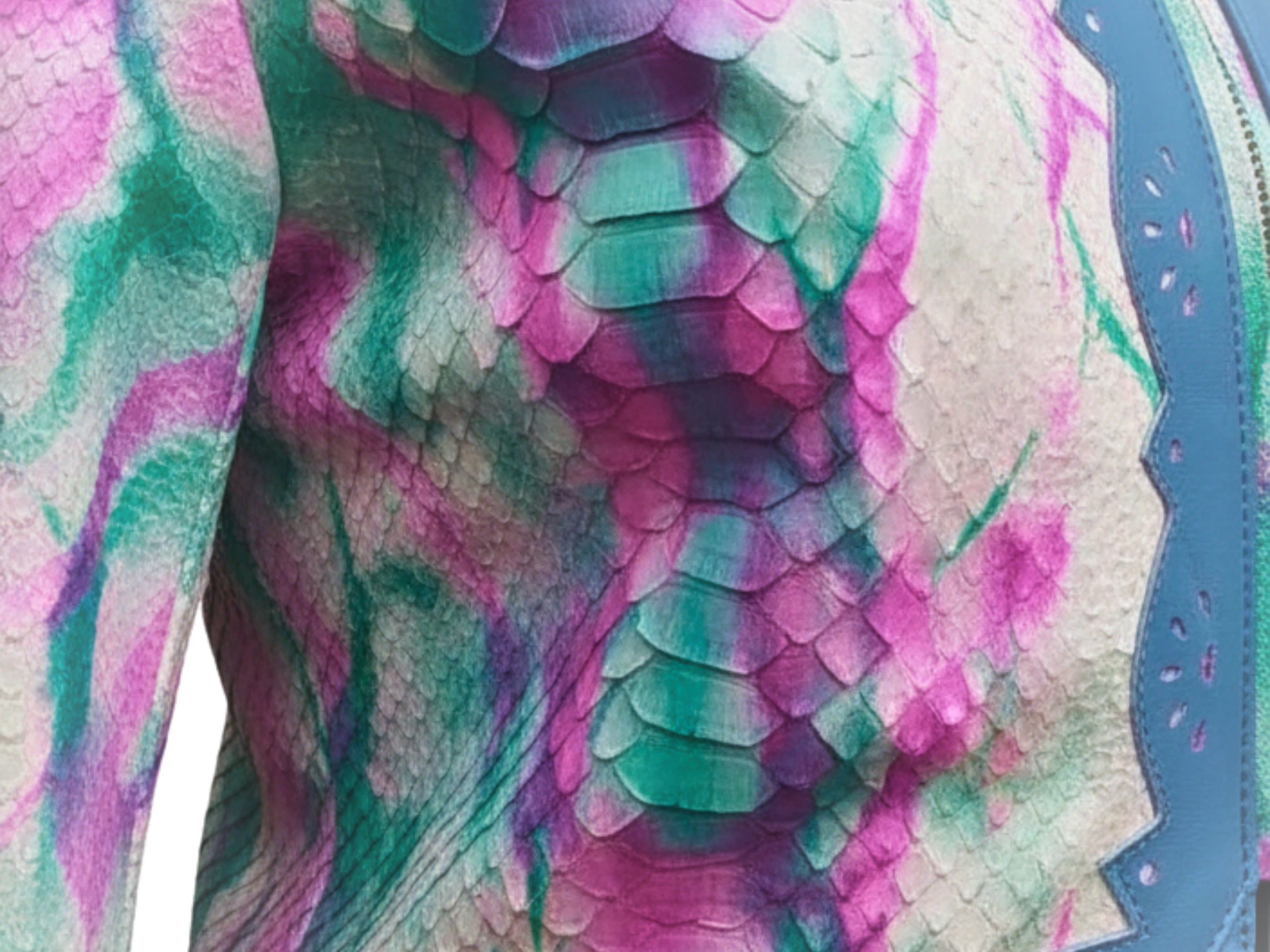 Snakeskin tie-dye leather jacket detail in multicolor with blue trim panel