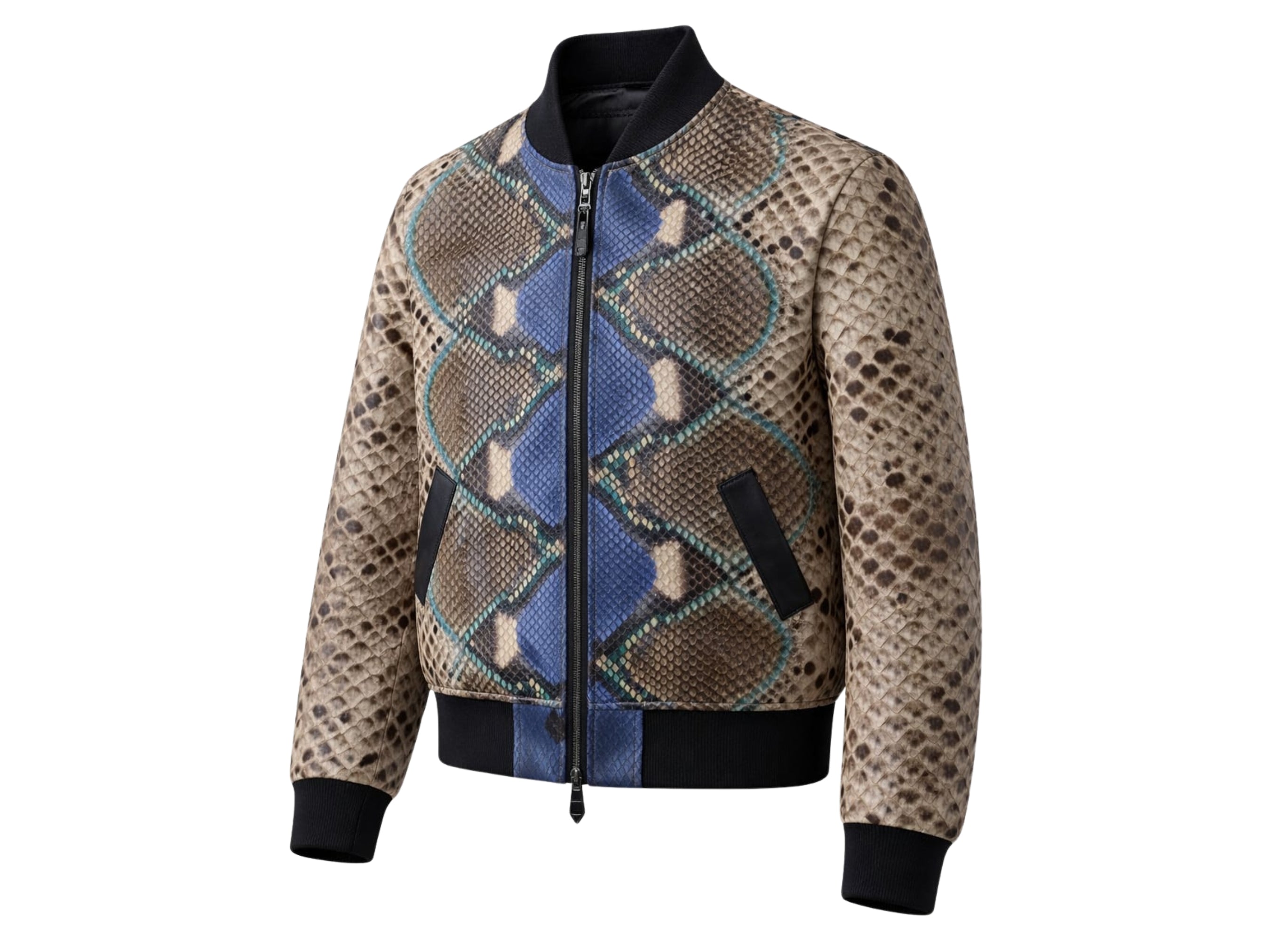 Men’s python snakeskin bomber jacket, front view, blue/teal geometric panels and ribbed cuffs