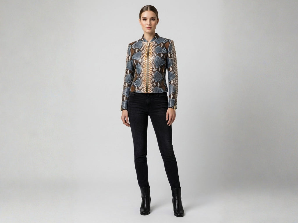 Snakeskin leather jacket in blue and brown worn with black pants, full length view.