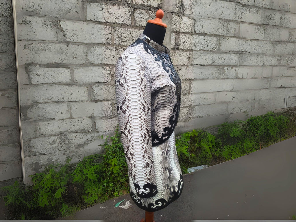 Snakeskin-print jacket and skirt set with black trim and stand collar, side view